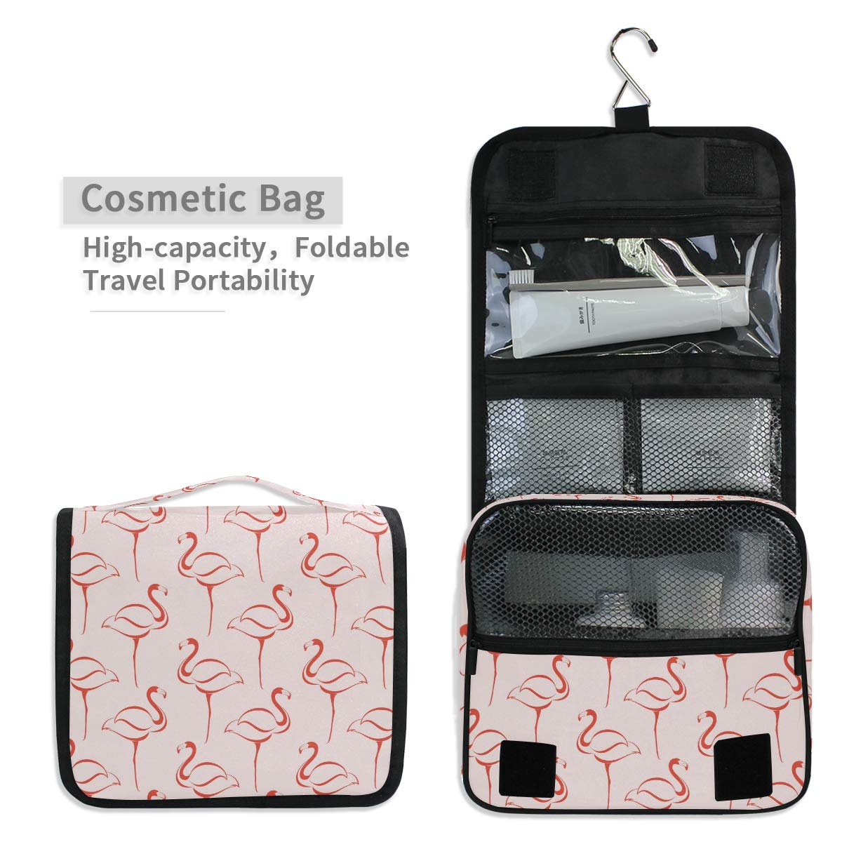 MOYYO Travel Hanging Toiletry Bag - Pink Flamingo Cosmetic Makeup Organizer | Waterproof Shower Bag for Women & Girls | Perfect for Vacation, Gym, Camping & Business Trips