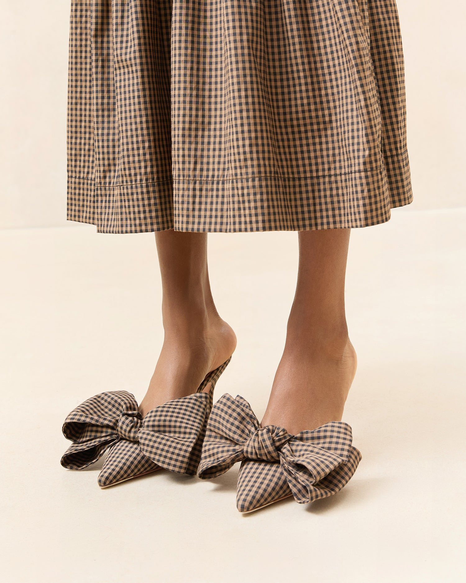 Margot Brown & Black Check Bow Mule Slippers - Women's Comfortable Slide Sandals for Home, Office & Casual Outings