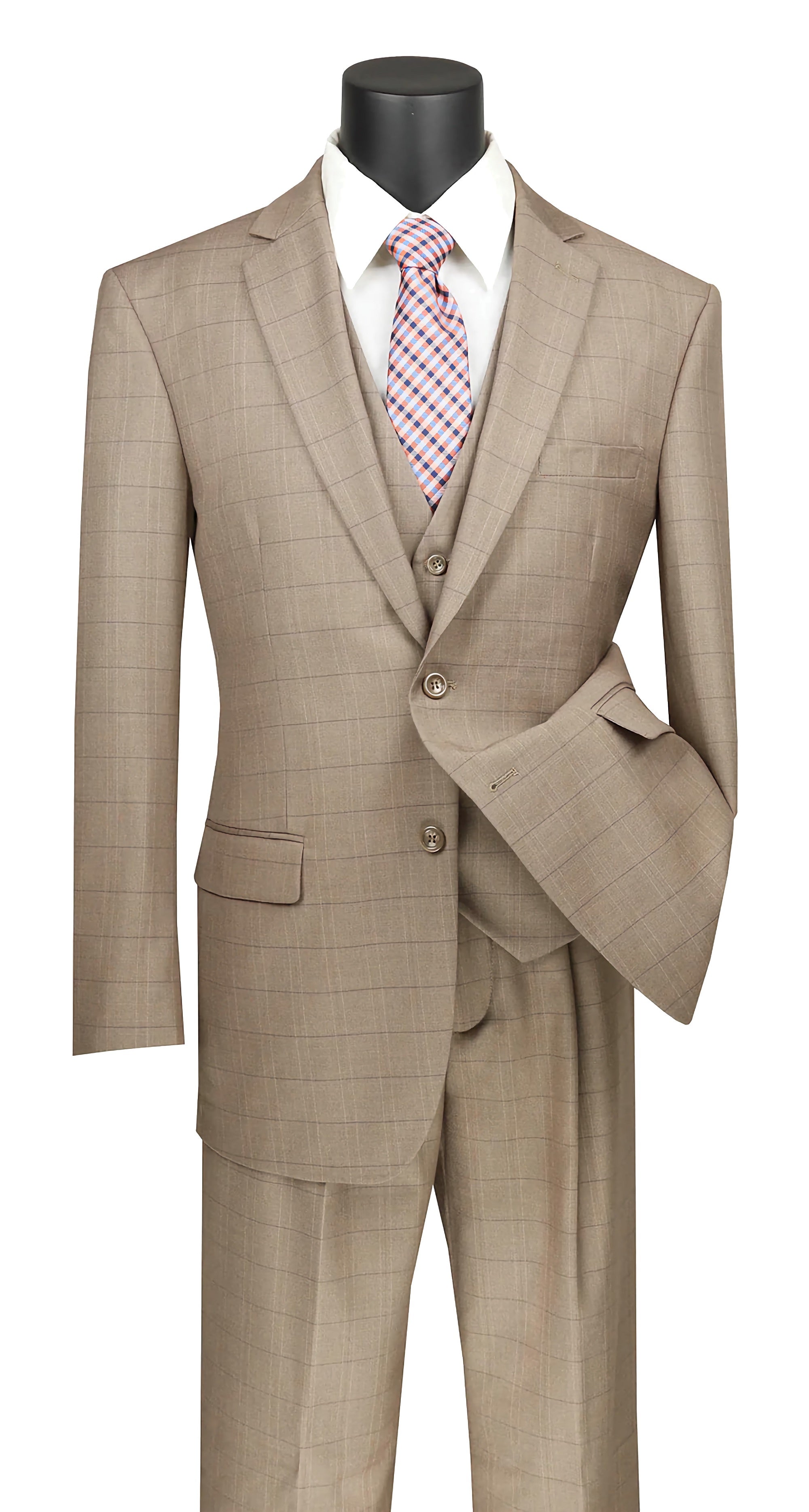 Olympic Collection Men's 3-Piece Glen Plaid Suit - Tan Regular Fit Business Formal Attire for Weddings, Office & Special Occasions