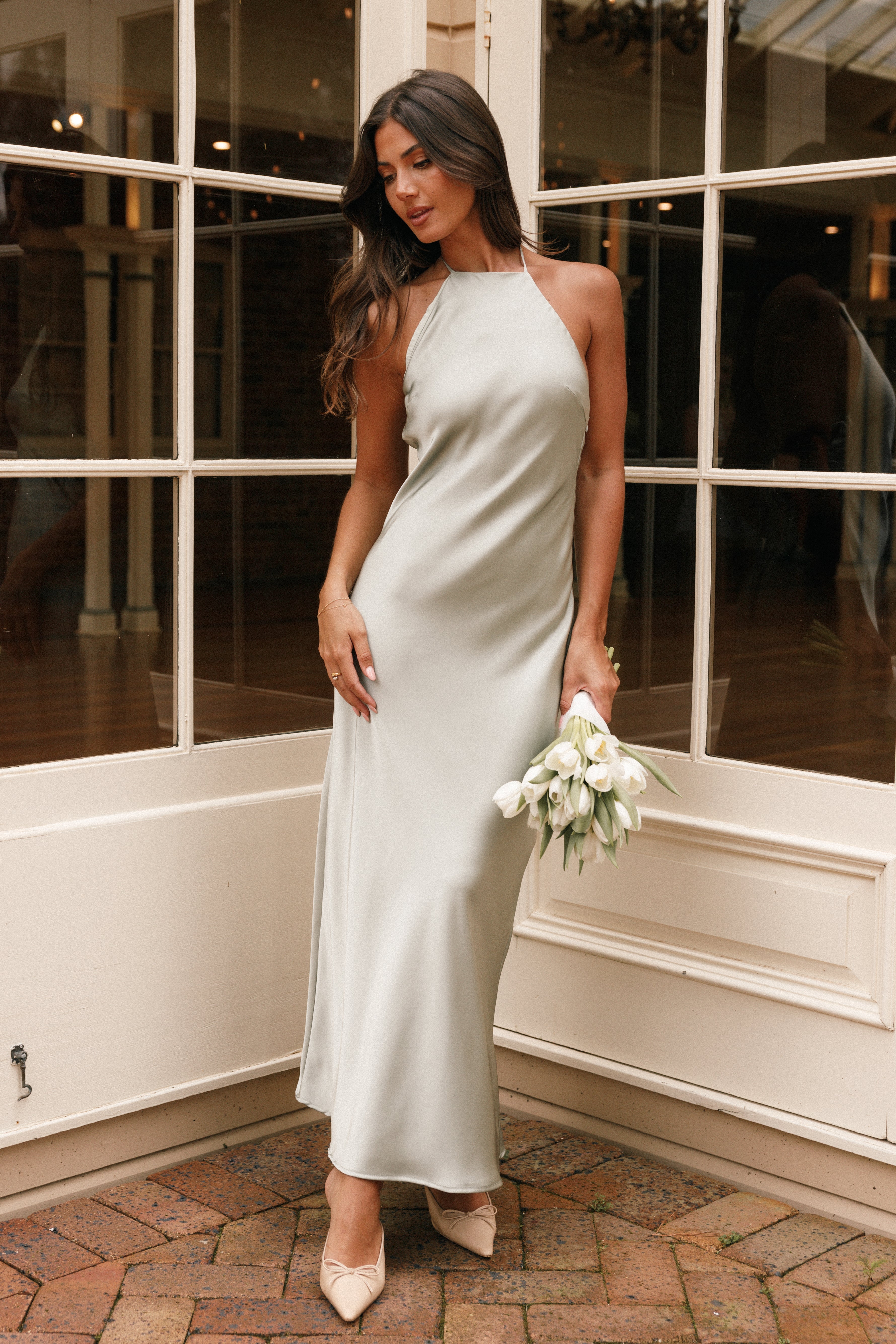 Hadley Halterneck Maxi Dress for Women - Flowy Long Summer Dress in Sage Green | Beach Wedding, Vacation, Boho Chic Outfit