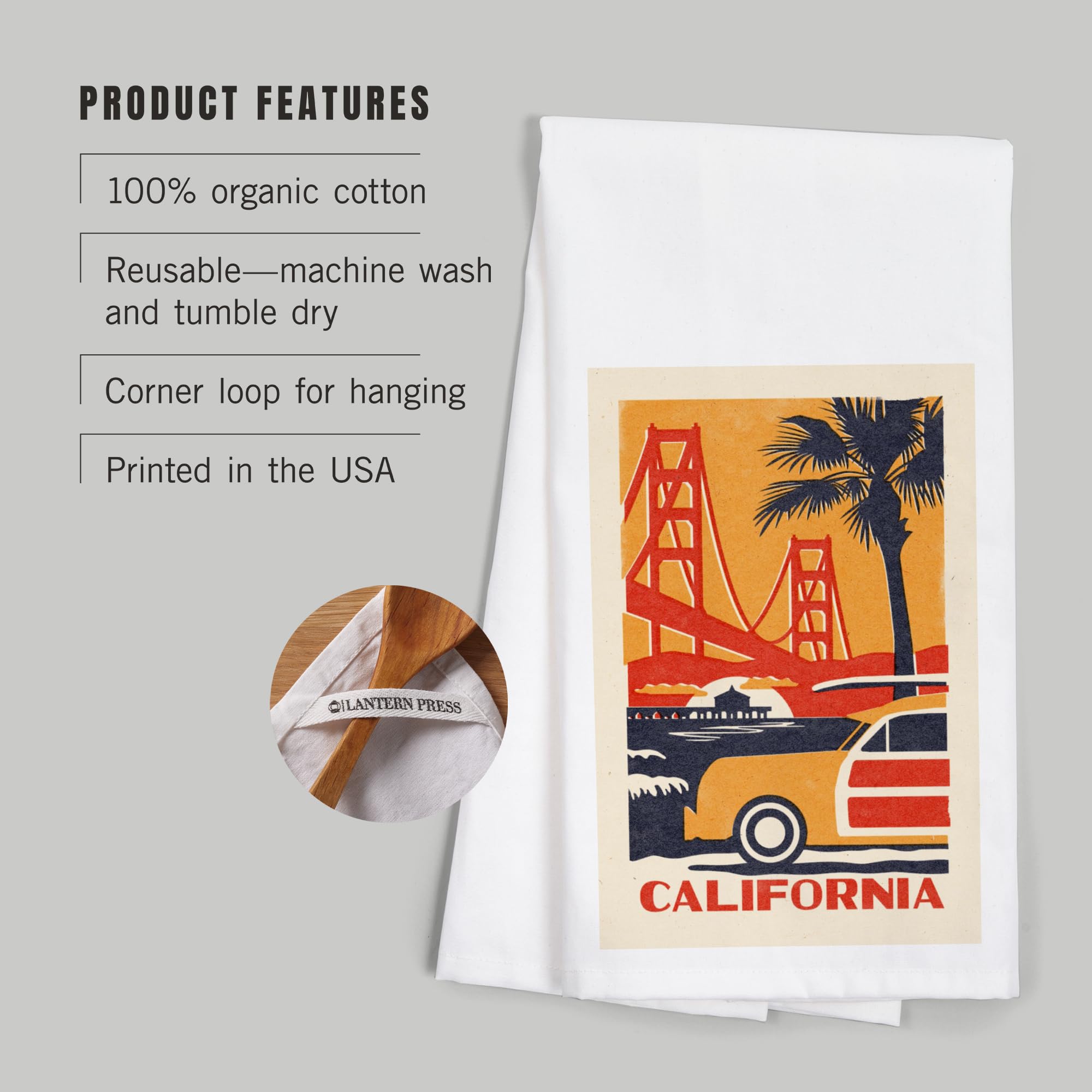 Lantern Press California Golden Gate Bridge Woodblock Tea Towel - 100% Cotton Decorative Hand Towel for Kitchen & Home Decor - Perfect for Dish Drying, Gift Giving, and Coastal Themed Spaces
