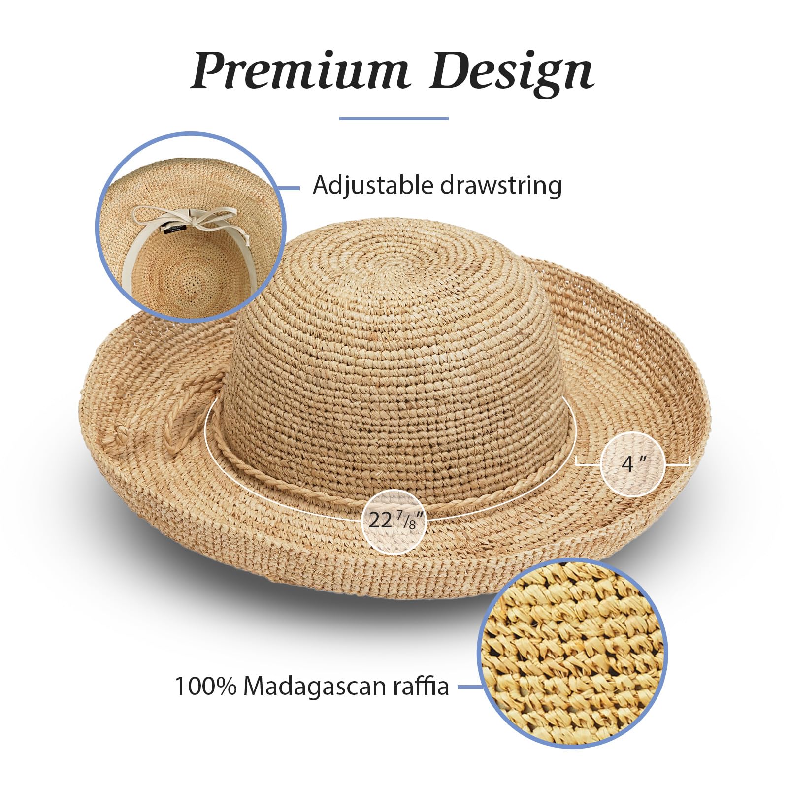 Wallaroo Hat Company Women's Catalina Sun Hat - Wide Brim UPF 50+ Sun Protection, Adjustable Sizing for Medium Crown, Natural Fiber Straw Hat for Beach, Gardening & Outdoor Activities
