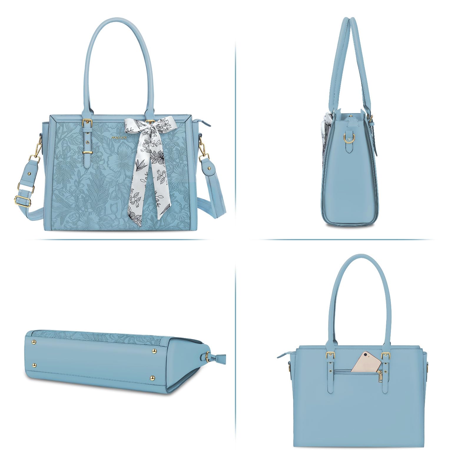 MOSISO 17-17.3 Inch Laptop Tote Bag for Women - PU Leather Computer Bag Compatible with MacBook Pro/Air, HP, Dell, Asus - Stylish Retro Hibiscus Design with Silk Scarf & Clutch Purse (Air Blue) - Perfect for Work, Travel & Business Meetings
