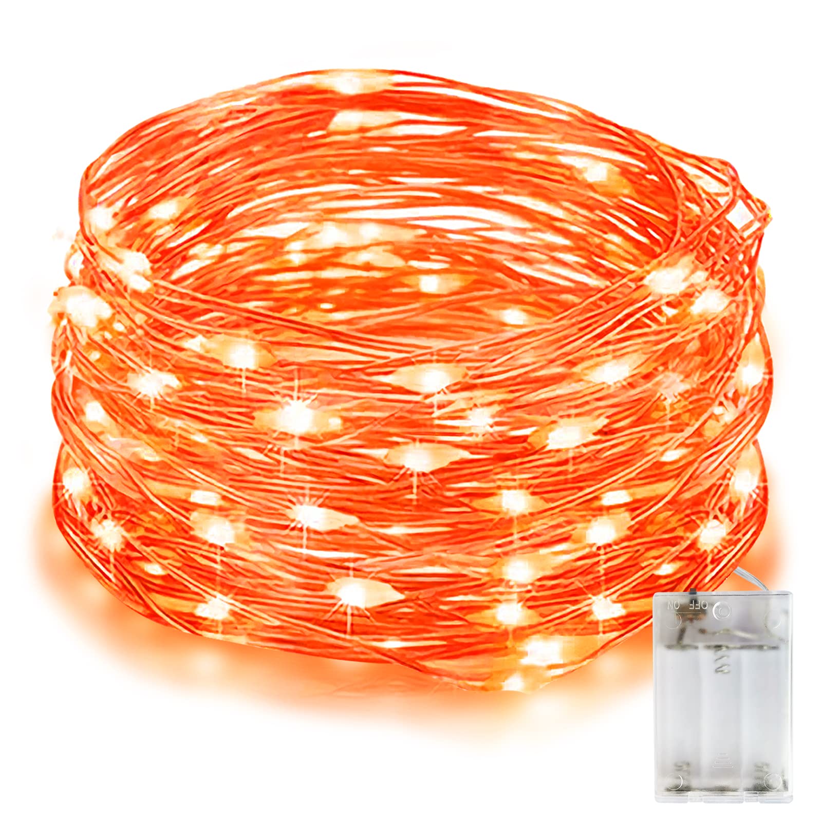 EvaStary 33Ft 100 LED Fairy String Lights - Battery Operated Orange Waterproof Decorative Lights with Silver Wire for Bedroom, Wedding, Party & Holiday Decor | Indoor/Outdoor Use for Home, Garden, Christmas Tree & Patio Lighting