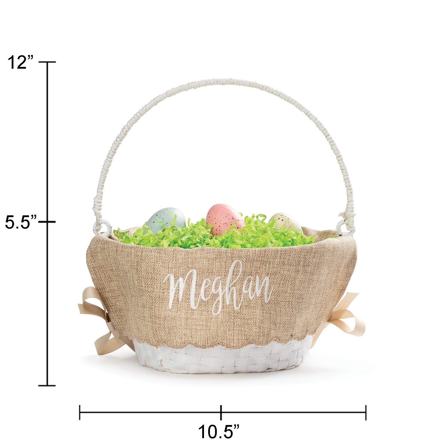 Personalized Easter Egg Basket with Handle - Custom Name in White Script | Scallop Edge Burlap Liner | White Woven Basket for Kids & Adults | Perfect for Easter Egg Hunts, Gift Giving & Spring Decor