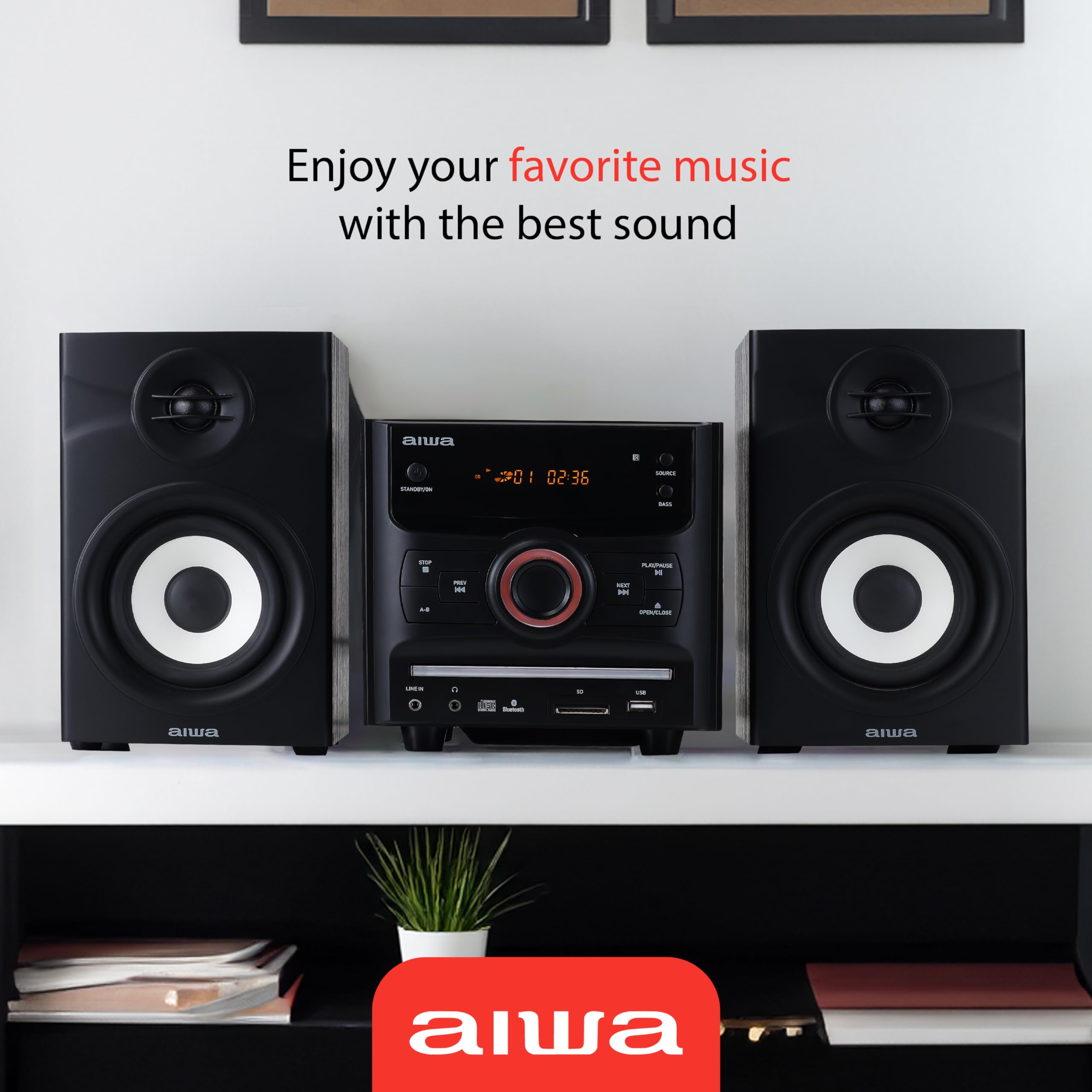 Aiwa 60W Bluetooth Stereo System with Bookshelf Speakers - CD Player, FM Radio, USB/AUX Input, Hi-Fi Sound for iPhone, Android, Tablet & PC - Perfect for Bedroom, Office and Home Entertainment