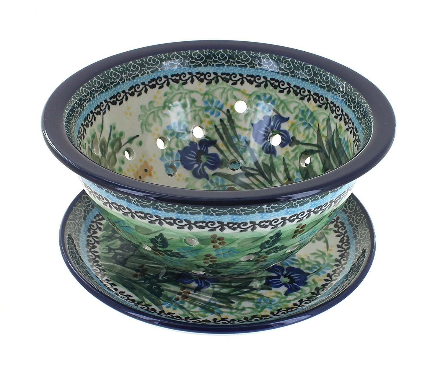 Handmade Blue Rose Polish Pottery Teresa Berry Bowl & Plate Set - Elegant Floral Design for Serving, Decor, and Gift Giving