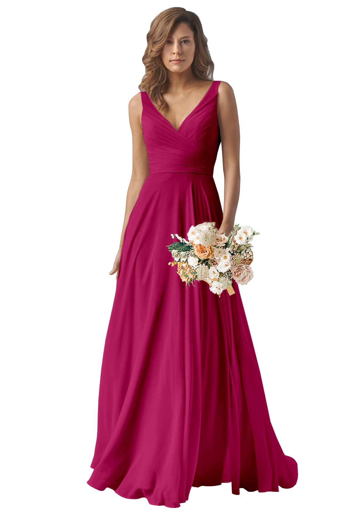 Sukleet Women's V-Neck Chiffon Bridesmaid Dress - Long A-Line Pleated Formal Evening Gown for Prom, Wedding Party & Special Occasions