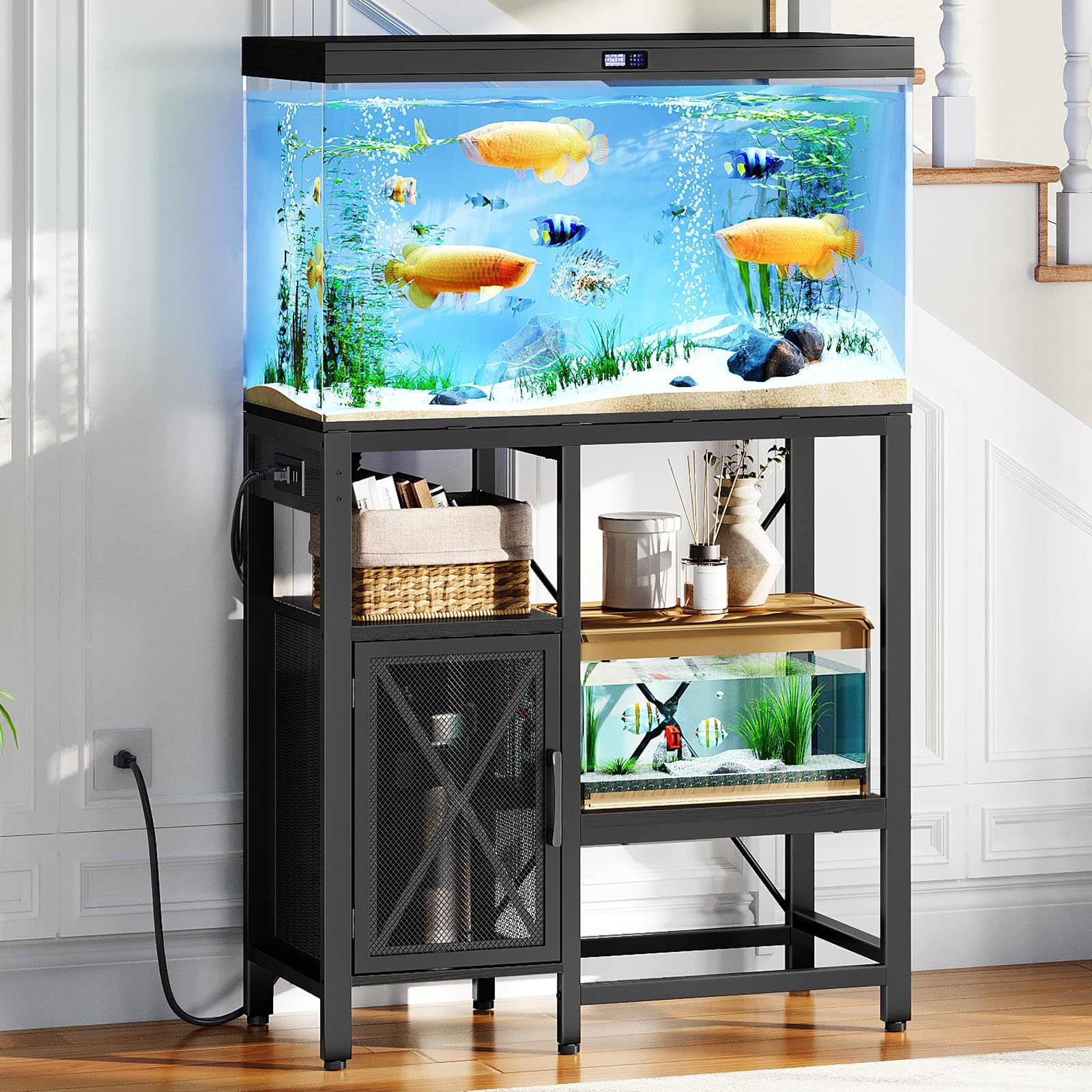 20-37 Gallon Heavy Duty Aquarium Stand with Power Outlet & Storage Cabinet - Fish Tank Stand for Turtle Tanks, Reptile Terrariums - Sturdy Black Metal Frame for Home & Office Use FTHB40E01