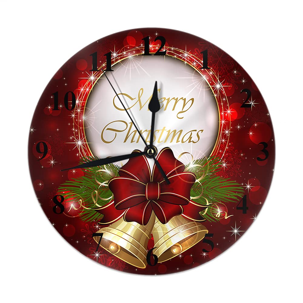 WONDERTIFY 10 Inch Silent Non-Ticking Christmas Wall Clock with Bells, Bow & Snowflakes - Battery Operated Round Decorative Clock in Red, Gold & Green - Perfect for Holiday Home Decor, Living Room, Bedroom & Christmas Gift