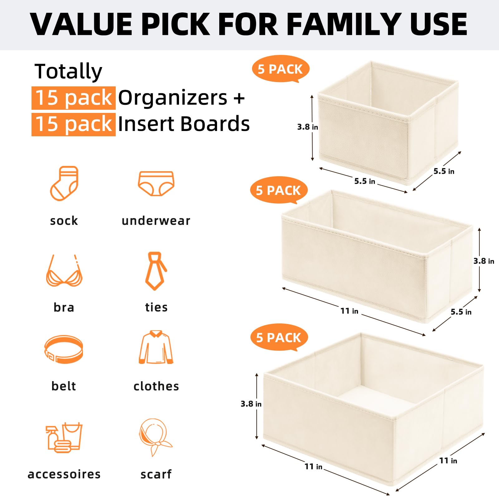 Criusia 15-Pack Fabric Drawer Organizers for Baby Clothes - Beige Dresser Dividers for Nursery, Bedroom & Closet Storage | Perfect for Organizing Infant Wear, Socks & Accessories