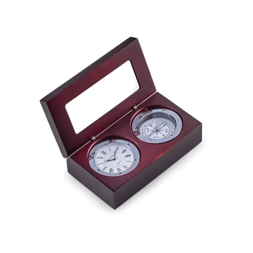 BeyBerk International Wooden Compass and Clock Set in Mahogany Box - Vintage Nautical Decor for Home, Office, or Gift Giving