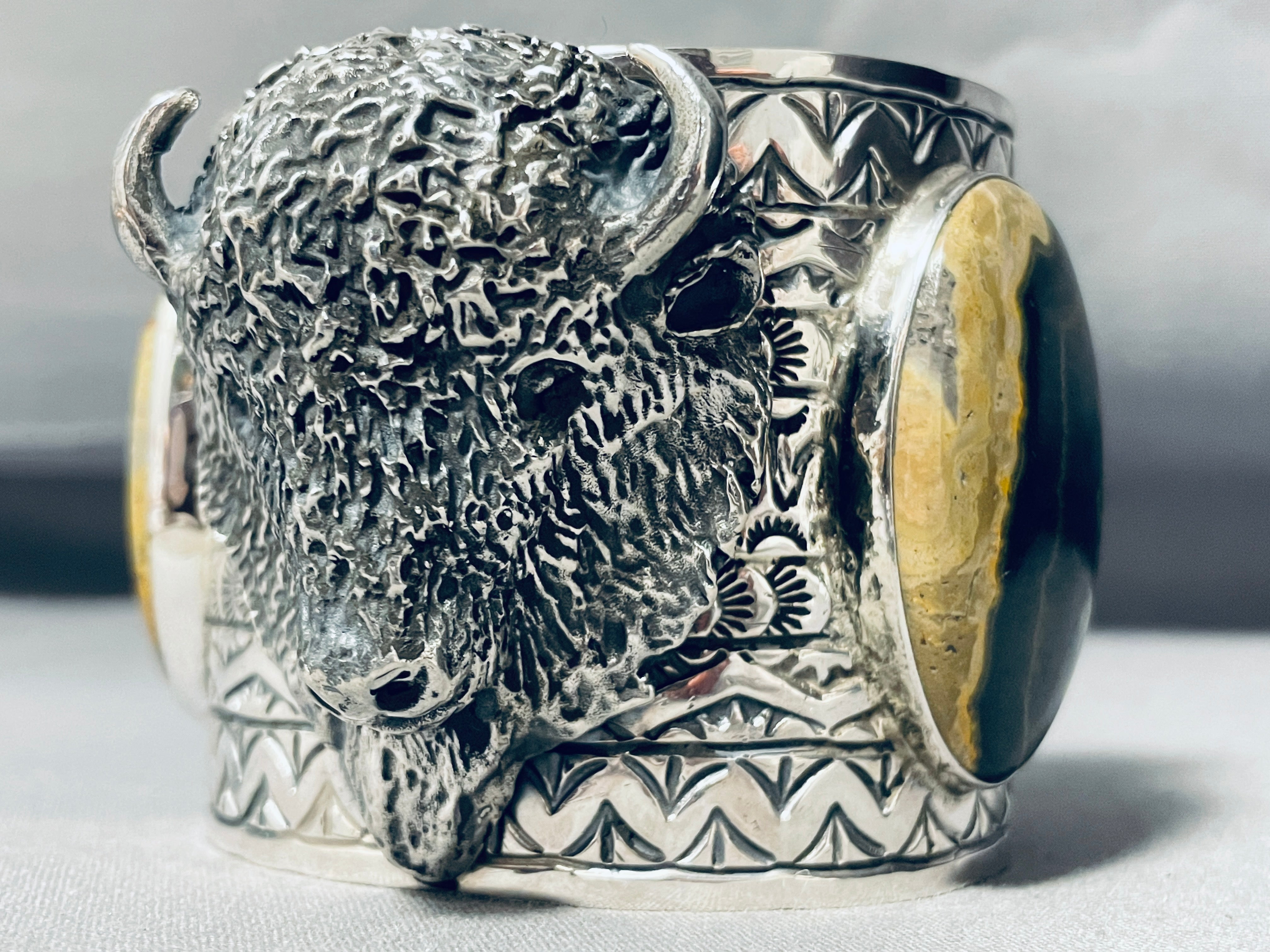 146 Grams Jasper Buffalo Native American Sterling Silver Cuff Bracelet - Handmade Tribal Jewelry for Women, Men, Gift Giving & Spiritual Healing