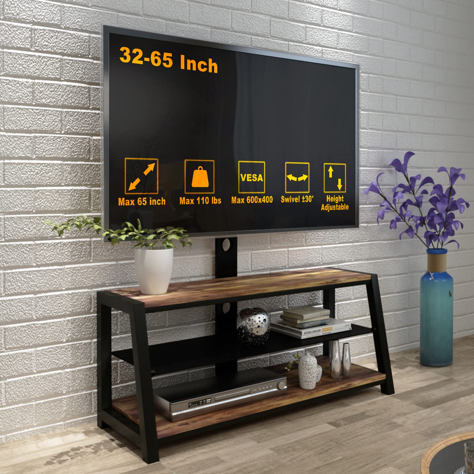 Height Adjustable Universal TV Stand for 50-65 Inch TVs - Swivel Metal Frame Entertainment Center with Storage, Supports 110 lbs - Wooden TV Console Table for Living Room & Bedroom - Perfect for Home Theater Setup & Small Space Organization