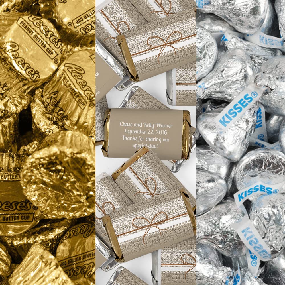 200pcs Personalized Wedding Candy Kit - Custom Wrapped Miniatures, Kisses & Peanut Butter Cups - Rustic Burlap Party Favors for Guests - Perfect for Wedding Receptions, Bridal Showers & Candy Table Decorations