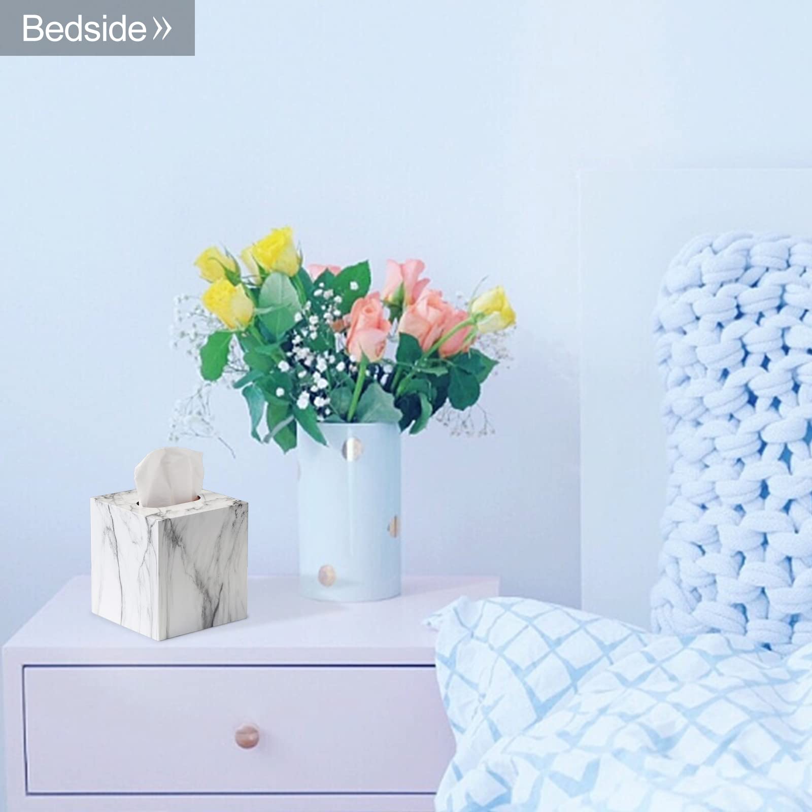 Modern Metal Square Tissue Box Cover - Elegant Marble White Facial Tissue Holder for Bathroom Vanity, Bedroom Dresser, Nightstand & Office Desk | Perfect for Home Decor & Gift Giving