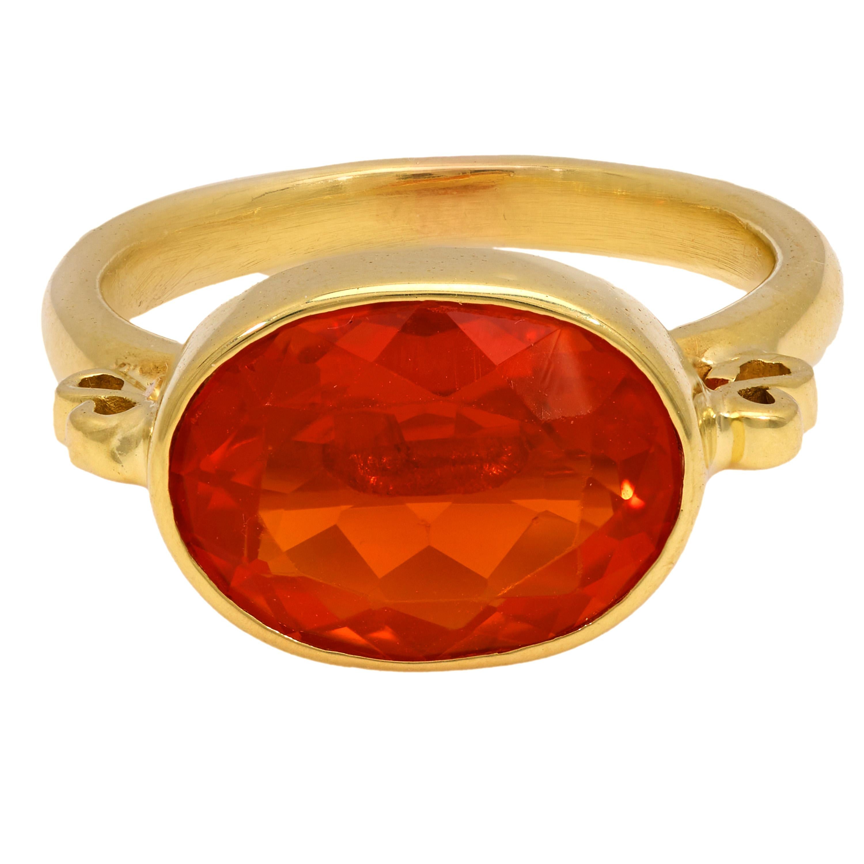 3.90 Carat Fire Opal 18K Yellow Gold East West Bezel Ring for Women | Modern Minimalist Wedding Band | Perfect for Engagement, Anniversary & Everyday Wear