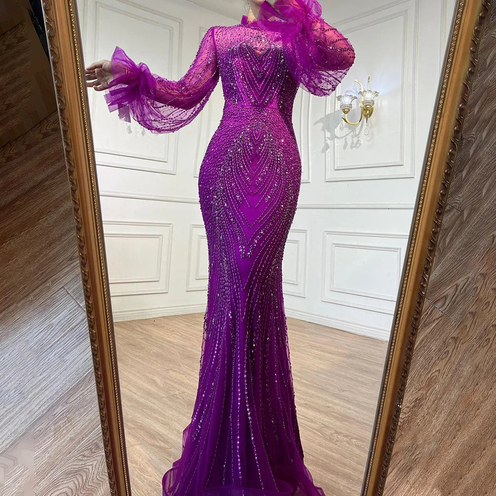 Elegant Purple Mermaid Evening Gown with High Neck & Long Sleeves - Beaded Luxury Women's Party Dress for Prom, Wedding & Formal Events | LA71690