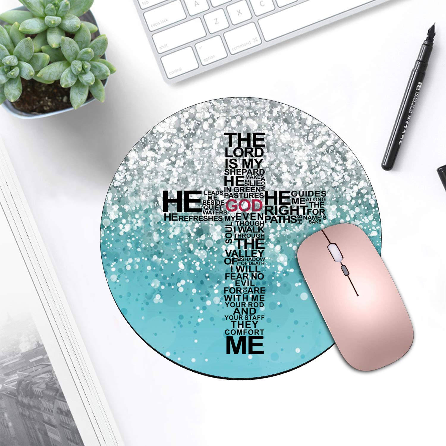 Blue Glitter Round Mouse Pad & Coasters Set with Christian Cross Design - Non-Slip Rubber Base for Laptop, Computer, Office & Gaming Use