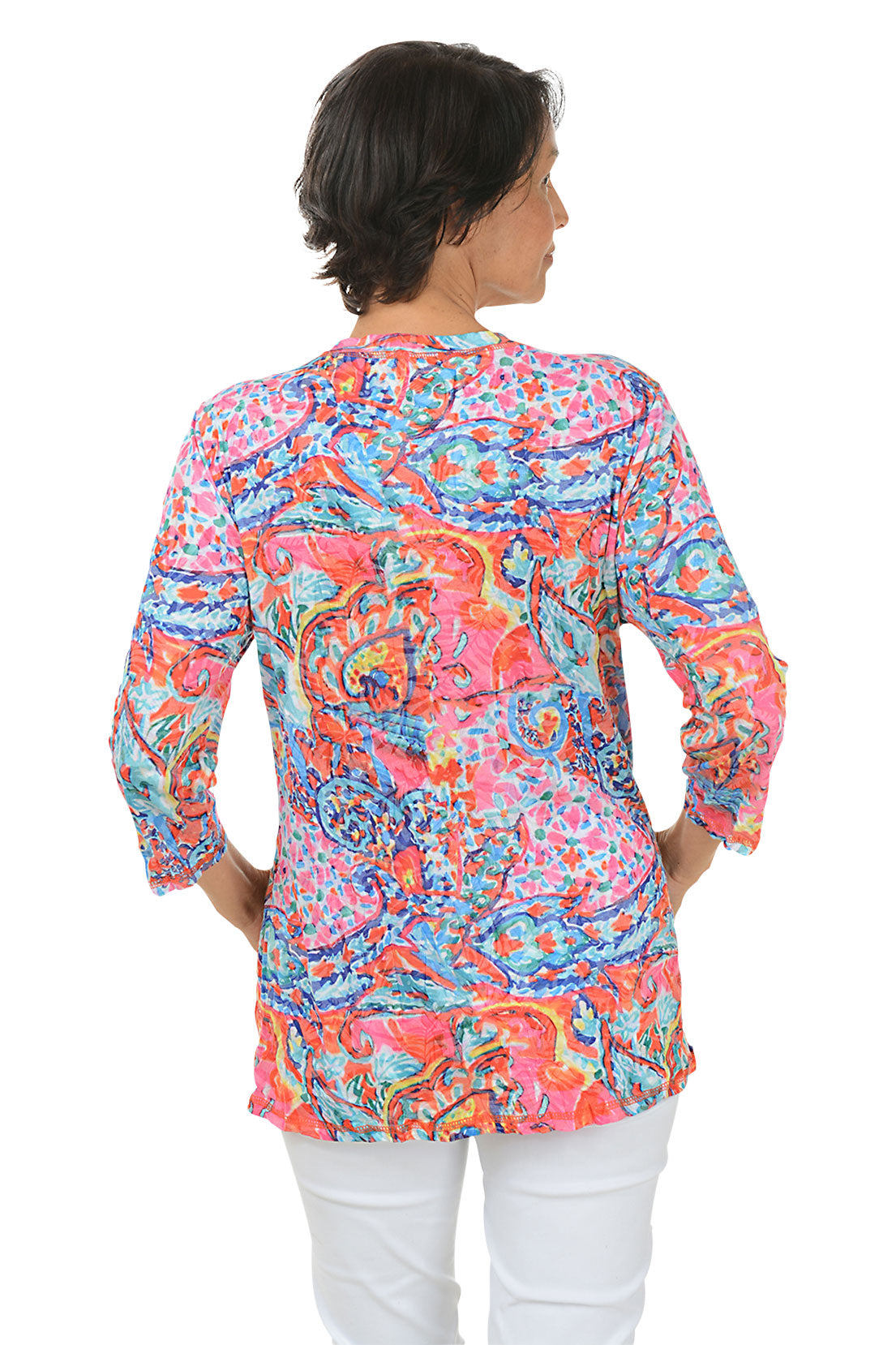 Stylish Calico Paisley Print Crinkle Blouse with Double Pockets - Perfect for Casual Outings, Office Wear & Spring Fashion
