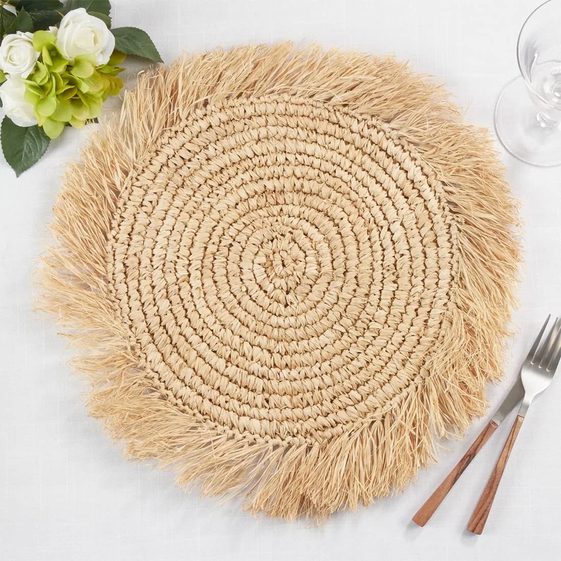 Fennco Styles Raffia Fringe Woven Round Placemats - Set of 4 Natural Boho Table Mats (15 Inch) for Dining Room, Kitchen, Banquets & Special Occasions | Eco-Friendly Home Decor for Family Gatherings & Dinner Parties