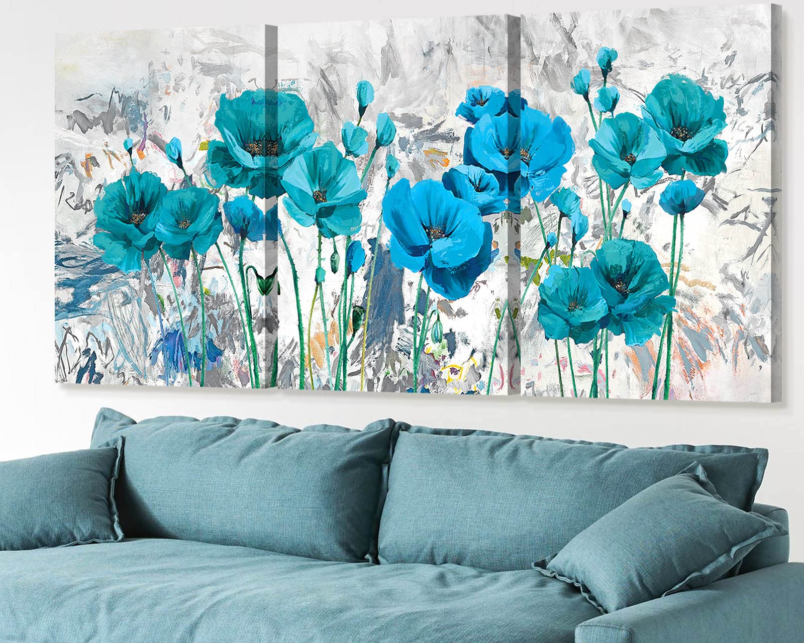 Blue Abstract Floral Poppy Canvas Wall Art - Modern Grey Teal Flower Painting for Living Room, Bedroom, Office & Dining Room Decor | Perfect for Home Decoration & Wall Aesthetics