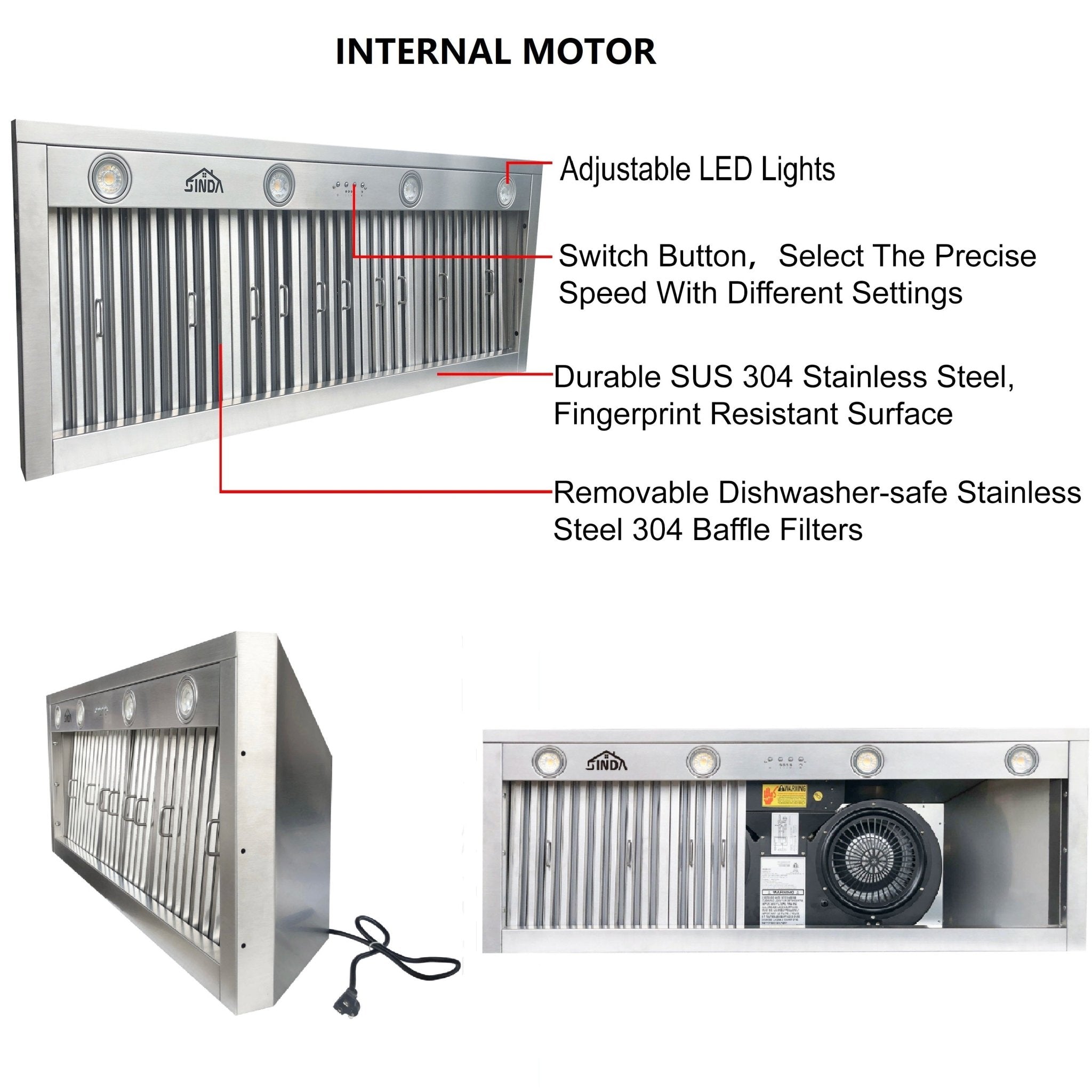 SINDA SRH1 BST Handcrafted Stainless Steel Range Hood - Durable & Stylish Kitchen Ventilation for Modern Homes