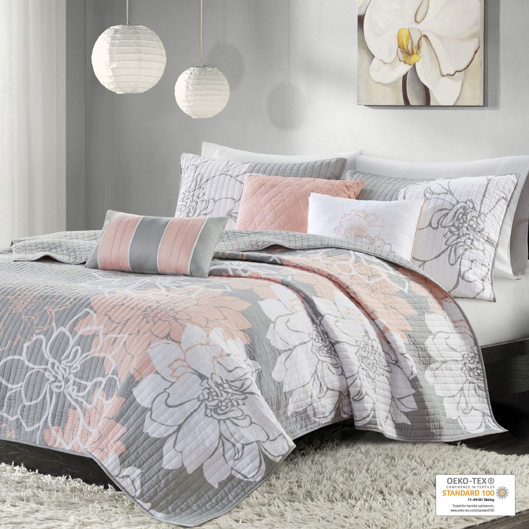 Madison Park Lola 100% Cotton Quilt Set - Floral Channel Stitch Design All Season Lightweight Bedspread with Shams & Decorative Pillows, Full/Queen Size (90x90 Inches), Blush 6-Piece Set | Perfect for Master Bedroom, Guest Room & Cozy Home Decor