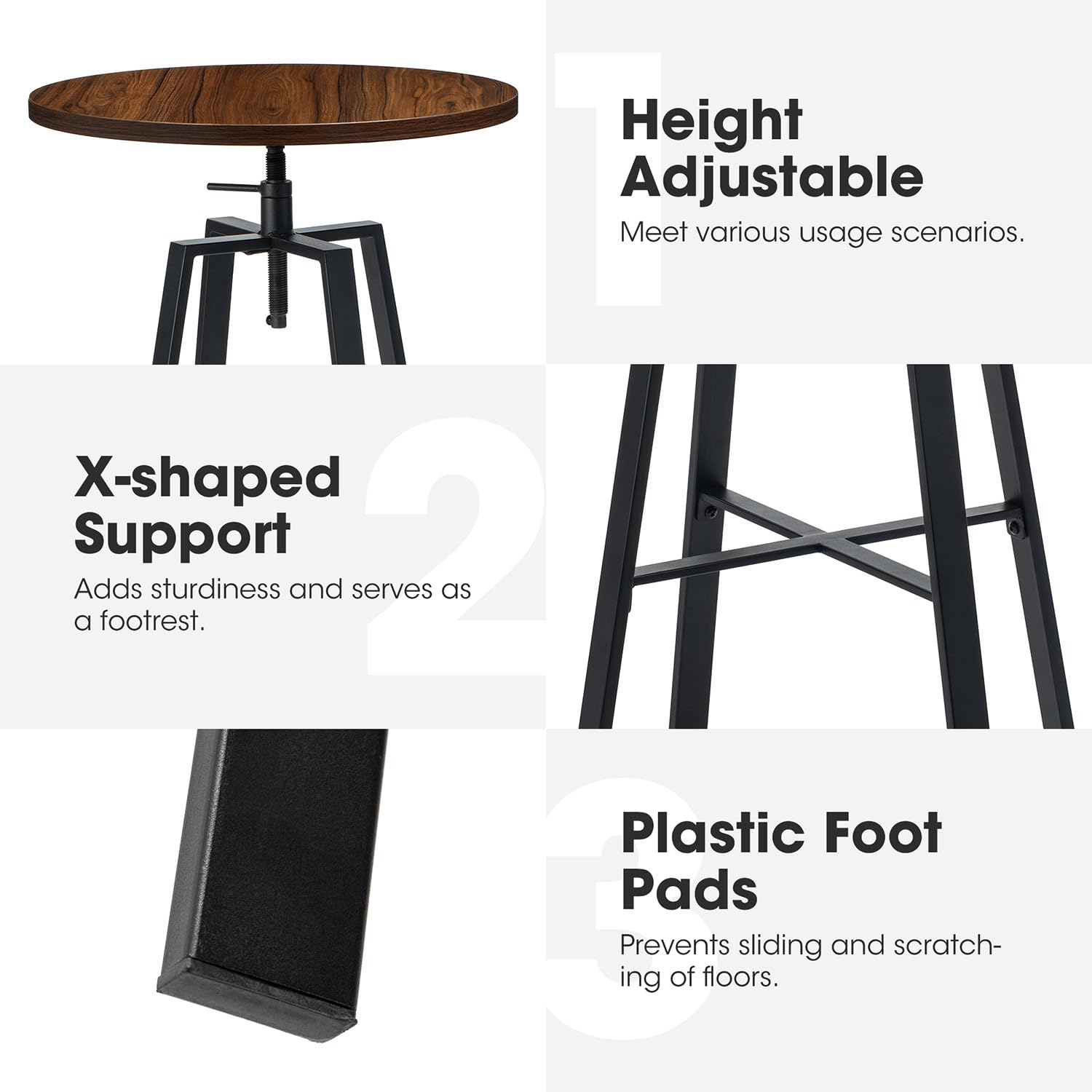 Industrial Modern Bar Table - Height Adjustable Round Pub Table 37-42 Inches, Walnut Veneer Cocktail Table with Sturdy Metal Base - Perfect for Small Spaces, Home Bars, Restaurants & Outdoor Patios