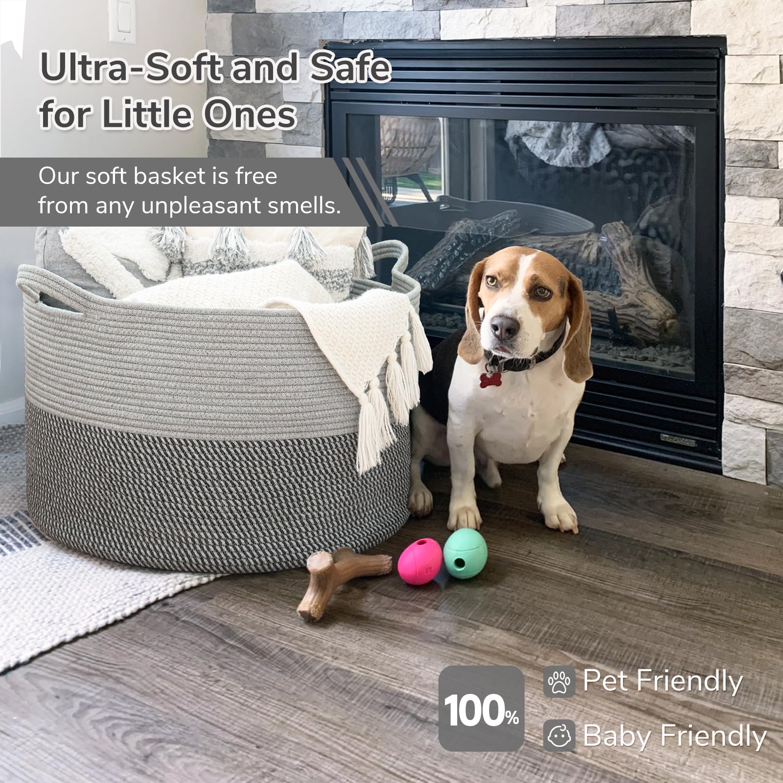 INDRESSME Extra Large Laundry Basket with Handles - 21.7 x 13.8 Inch Woven Storage Bin for Clothes, Toys & Blankets - Grey Cotton Rope Basket for Nursery, Living Room & Bedroom Organization - Perfect for Dirty Laundry, Pet Toys & Home Decor Storage
