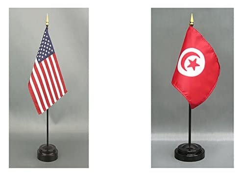 American Made Tunisia Desk Flag Set - 4x6 inch Rayon Office Desk & Hand Waving Table Flags with 2 Stands (USA & Tunisia Flags) - Perfect for Office Decor, International Events & Patriotic Displays