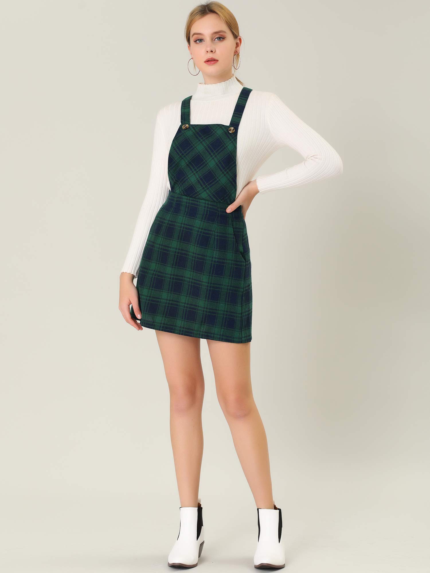 Allegra K Women's Plaid Adjustable Strap Pinafore Mini Dress - Stylish Bib Overalls & Suspender Skirt for Casual Outings, Date Nights & Spring Fashion