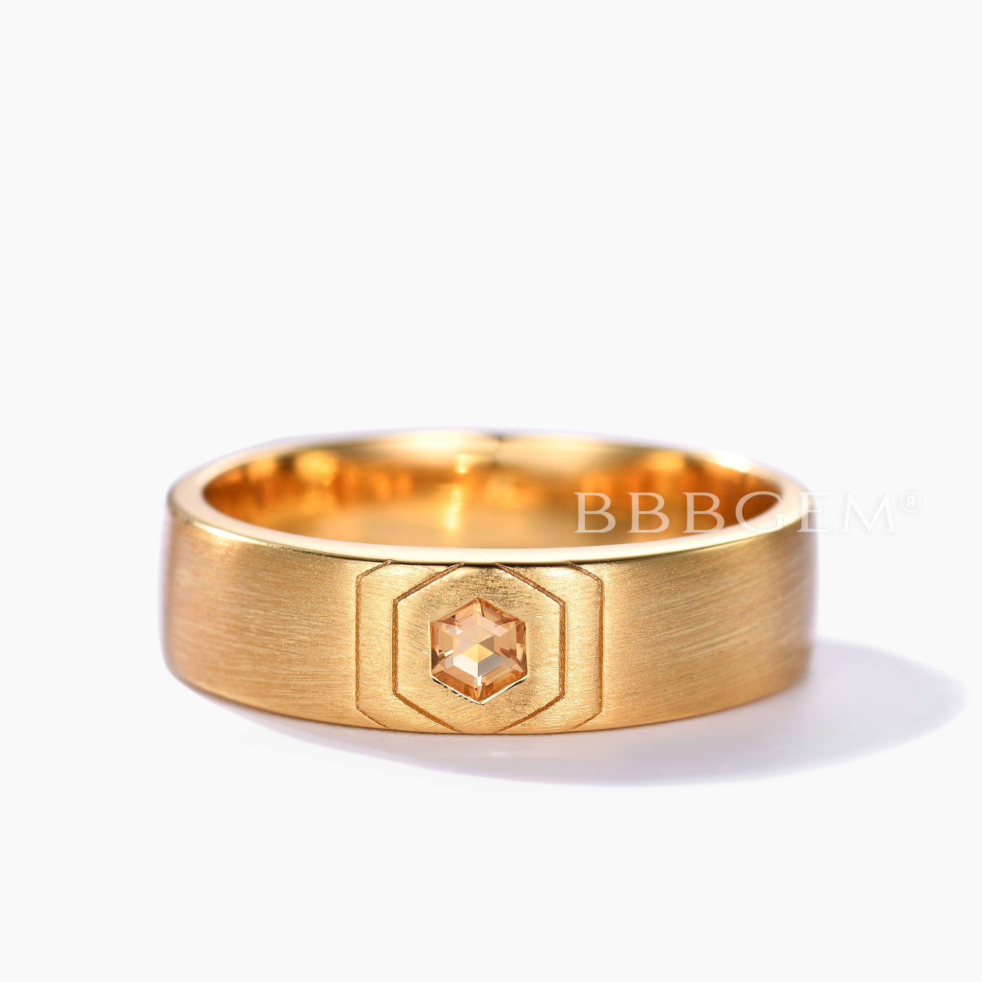 14K Yellow Gold Men's November Birthstone Hexagon Citrine Wedding Band - Perfect for Anniversaries, Engagements & Gifts