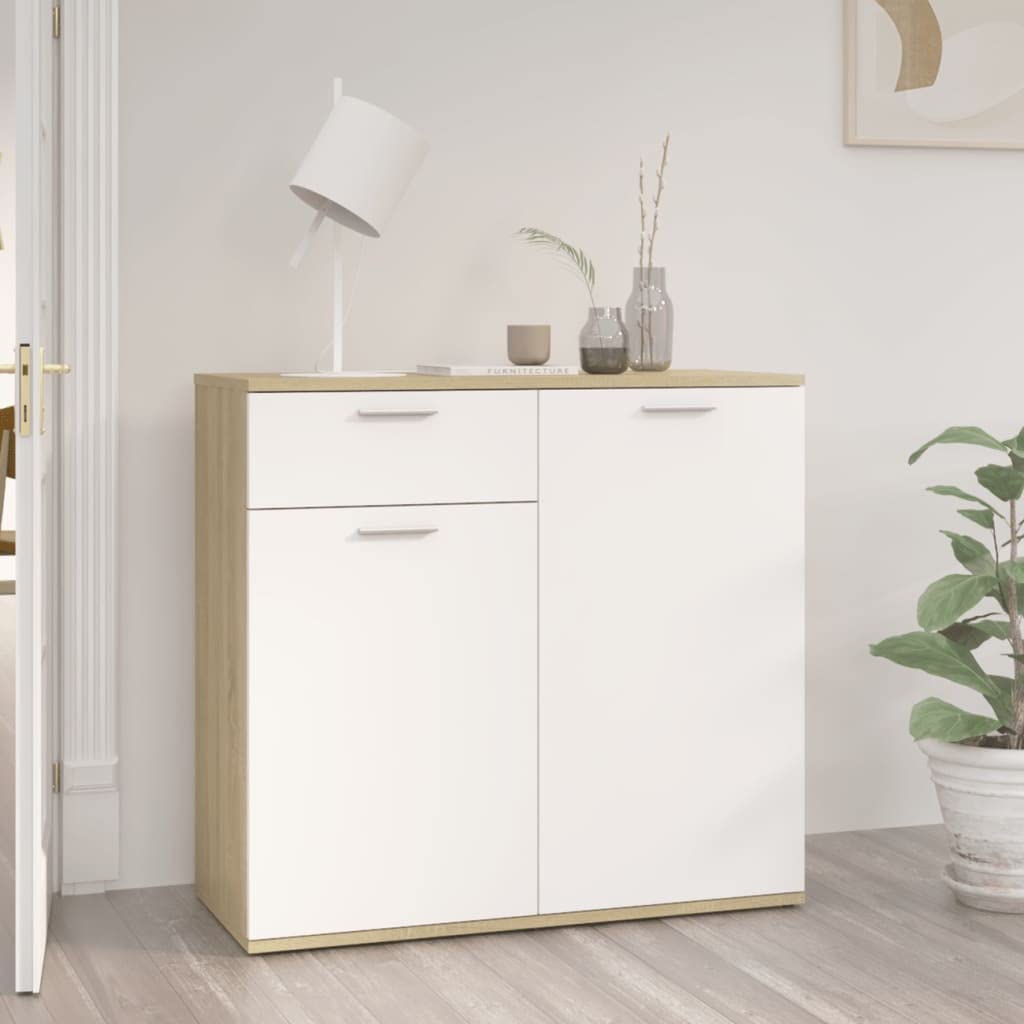 Modern Kitchen Buffet Storage Cabinet with Display Shelves, White & Sonoma Oak Sideboard Buffet Server - 31.5