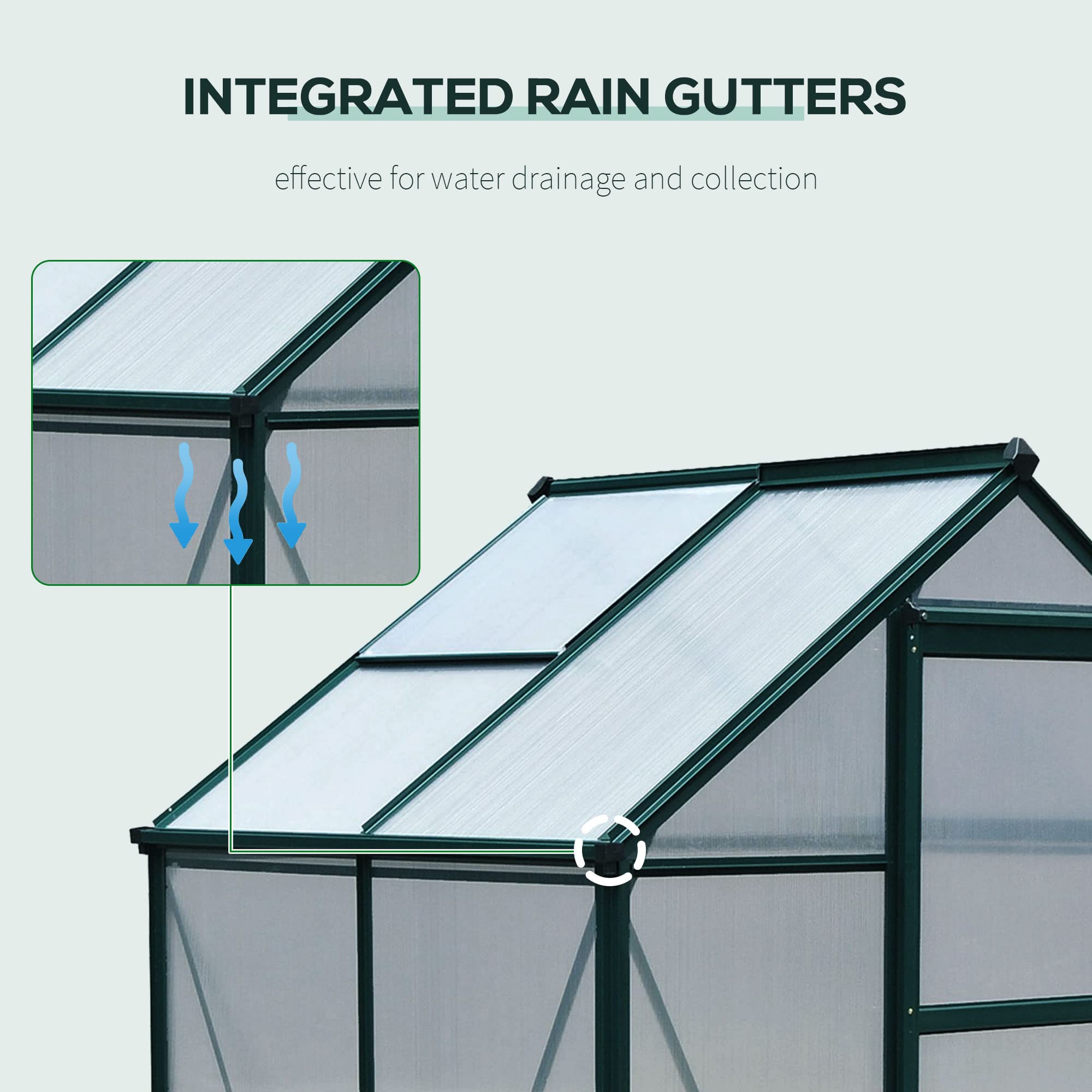 Outsunny 6' x 4' Polycarbonate Walk-in Greenhouse for Outdoor Gardens - Durable Aluminum Frame with Rain Gutter & Roof Vent - Perfect for Backyard, Patio & Home Gardening (Dark Green)