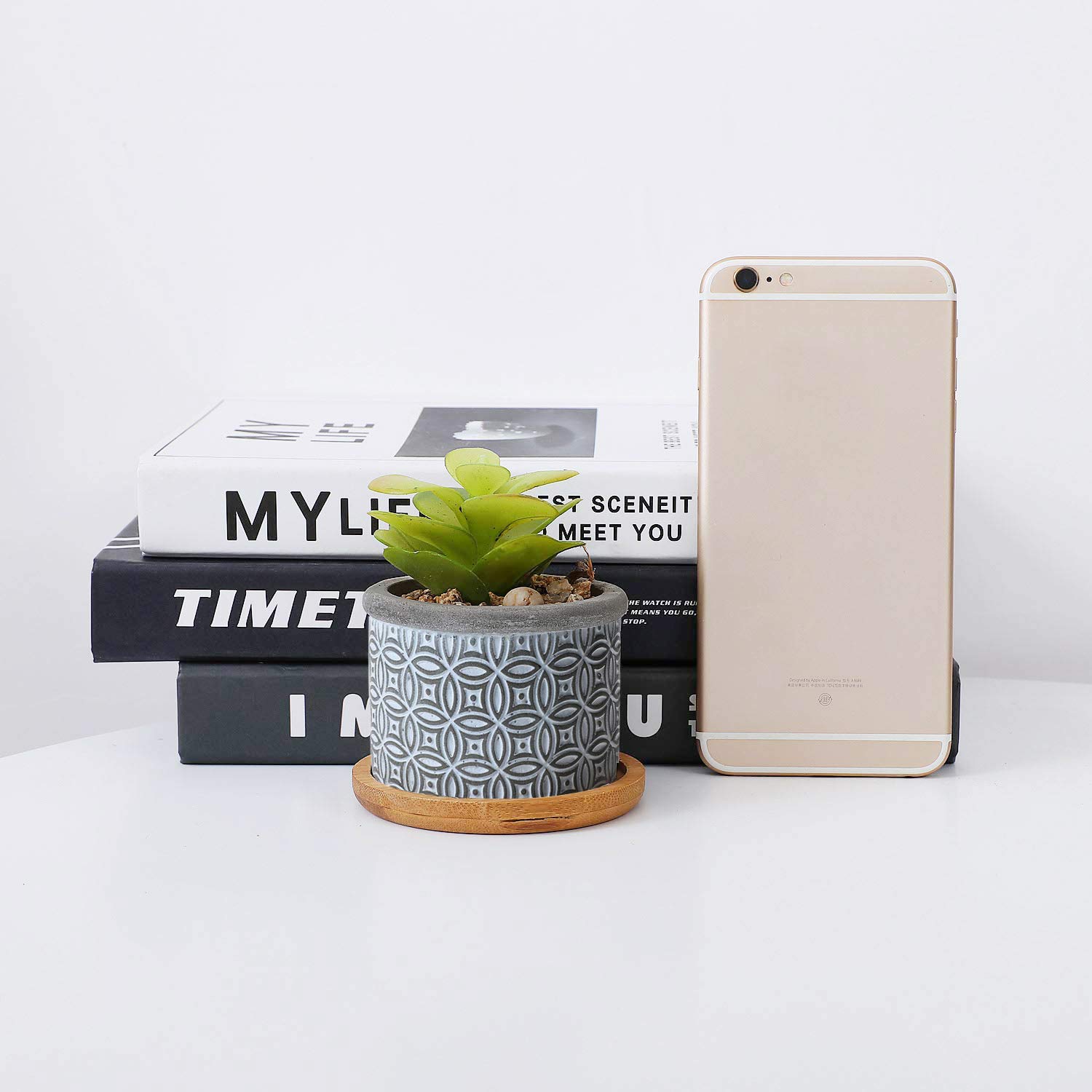 T4U 2.5 Inch Grey Cement Succulent Planter Pots with Bamboo Tray - Set of 3 Small Concrete Cactus & Herb Planters for Home, Office, Window Decor - Perfect for Gardening Gifts, Birthday Presents & Indoor Plant Displays