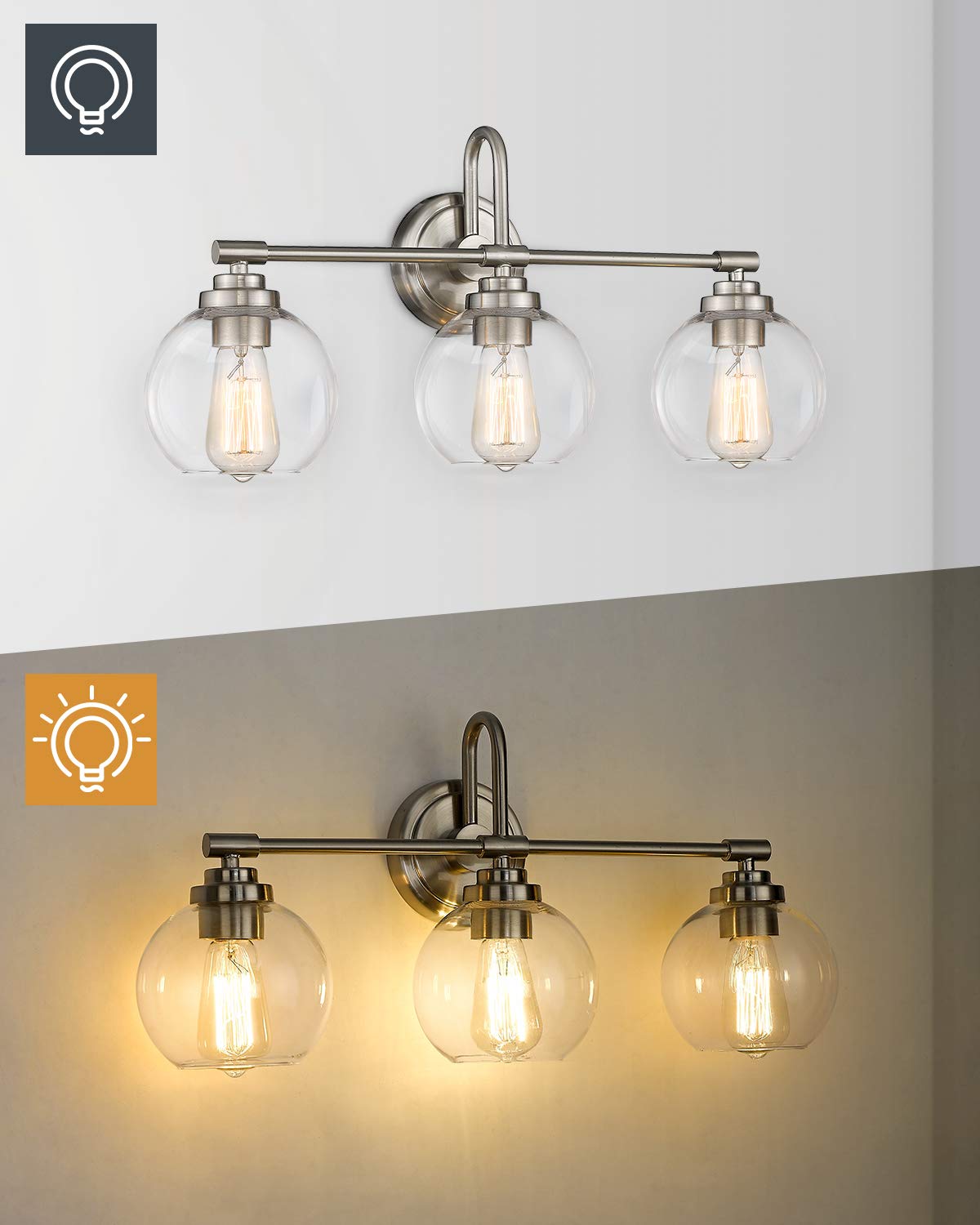 Brushed Nickel Vanity Light - 3-Light Bathroom Fixture with Clear Glass Shade for Modern Bathrooms