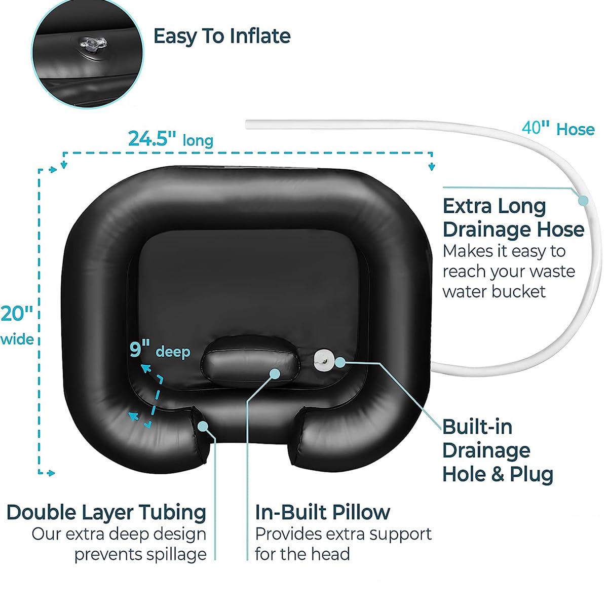 Portable Inflatable Shampoo Basin - Hair Washing Bowl for Bedridden, Disabled & Elderly Care, Dreadlocks & Home Sink Use, Lightweight & Comfortable (Black) - Perfect for Home Nursing, Salon & Travel Hair Care