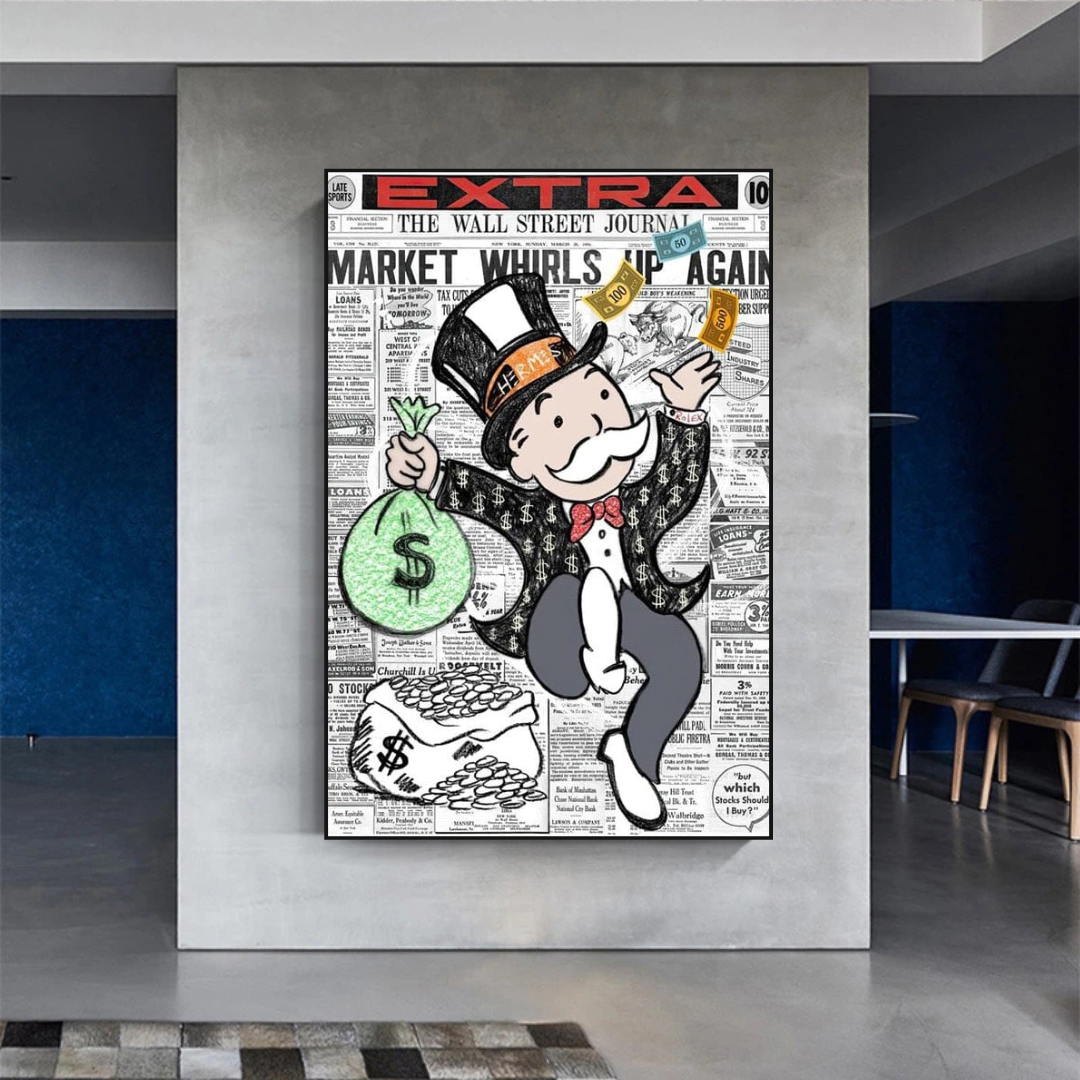 Alec Monopoly Money Bag Newspaper Print Canvas Wall Art - Modern Pop Art Decor for Living Room, Bedroom & Office