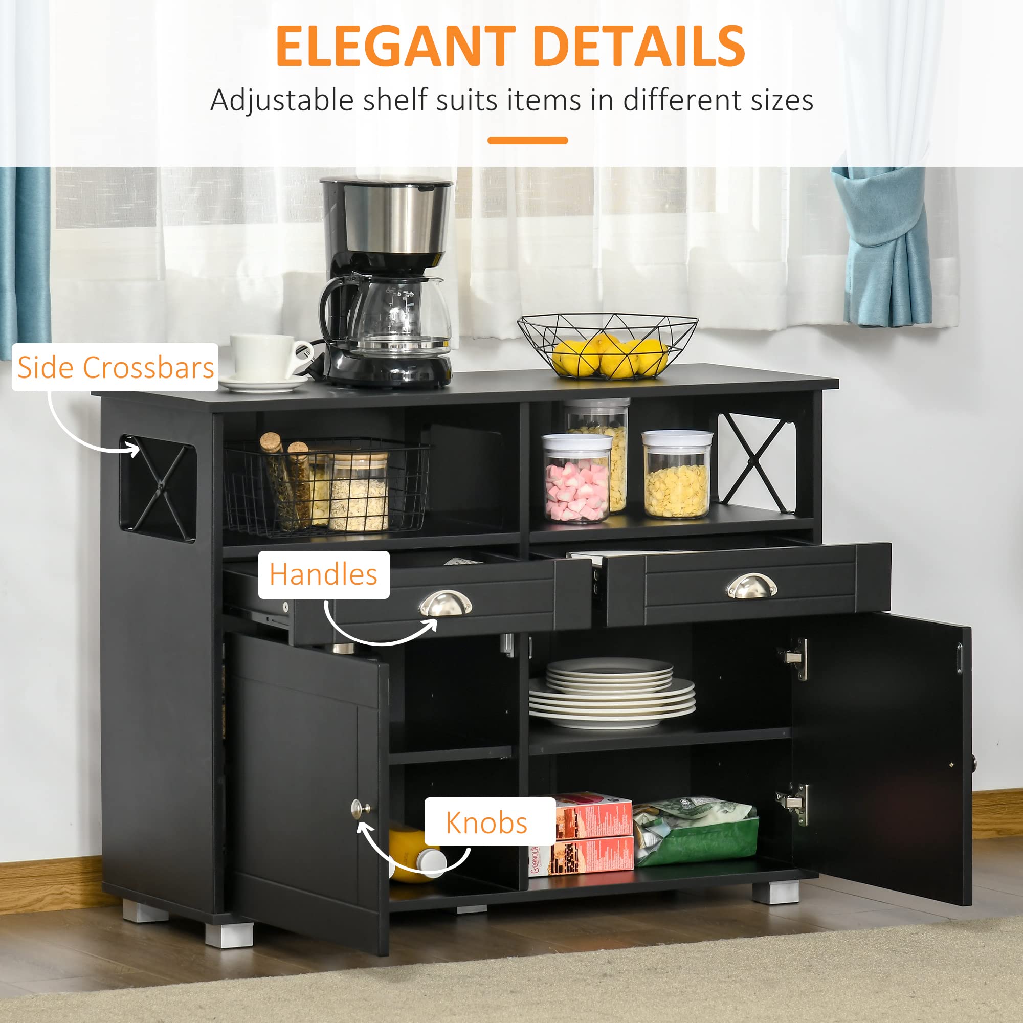 HOMCOM Sideboard Buffet Cabinet - Modern Coffee Bar & Kitchen Storage with Large Tabletop, Drawers & Crossbar Design - Perfect for Dining Room, Living Room or Kitchen Organization - Black