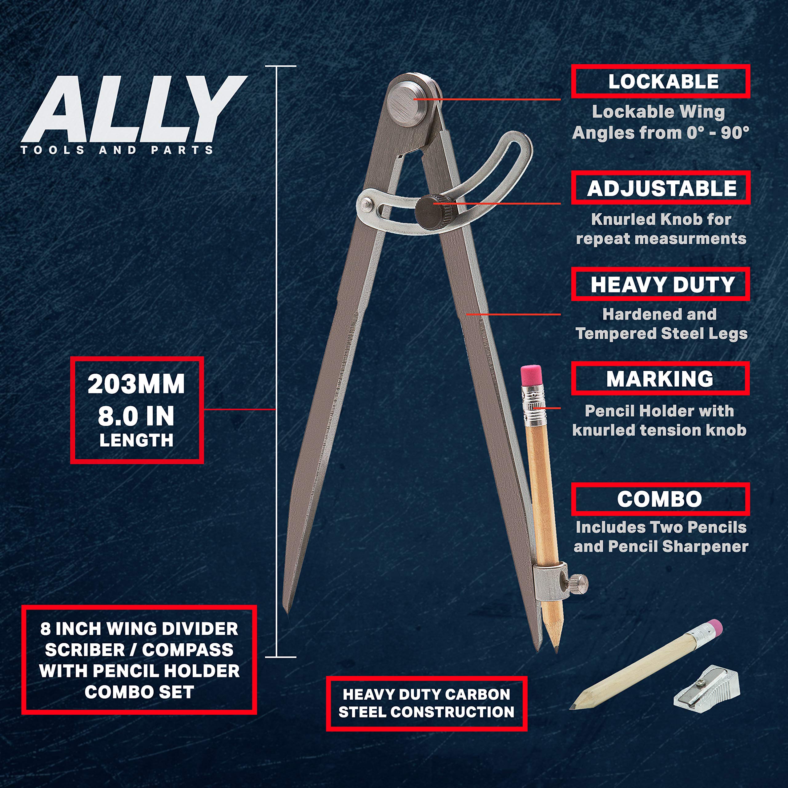 ALLY Tools 8 Inch Precision Locking Wing Divider - Woodworking Compass with Pencil Holder | Includes 2 Pencils & Sharpener | Perfect for Drawing, Drafting, Carpentry & DIY Wood Projects | Great for Artists, Engineers & Woodworkers