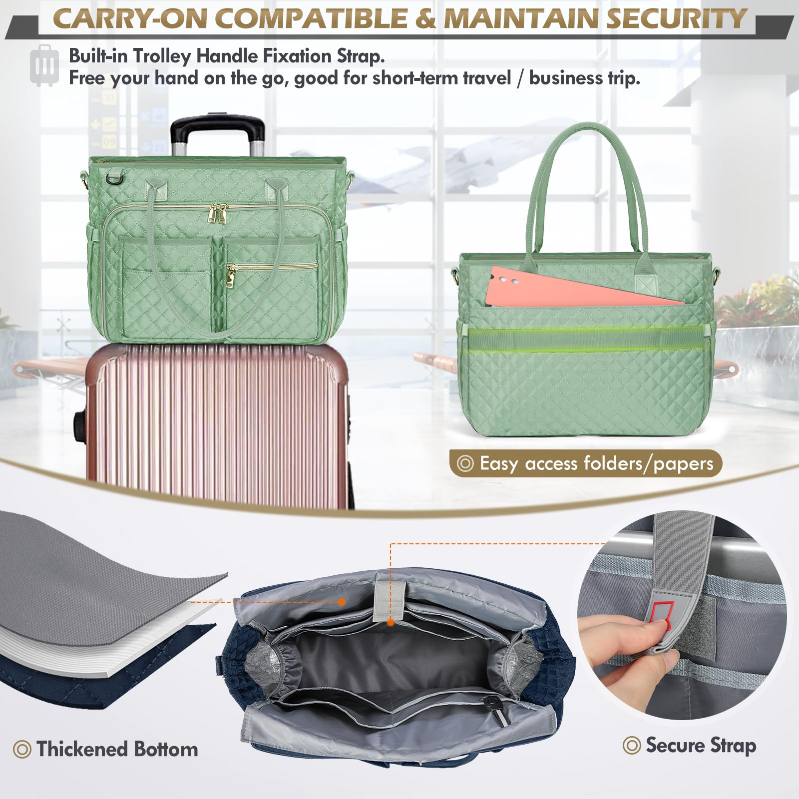 RAINSMORE Professional 15.6 Inch Laptop Tote Bag for Women - Waterproof Work Bag with Insulated Pocket, Teacher Nurse Office Bag, Mint Green Computer Briefcase - Perfect for Work, School, College & Business Travel