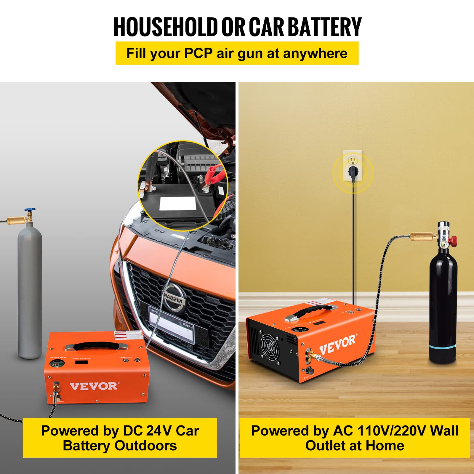 VEVOR 4500PSI PCP Air Compressor, Portable 12V DC/110V-220V AC Airgun Compressor with Auto-Stop, Built-in Adapter & Fan Cooling - Ideal for Paintball, Air Rifles, Scuba Tanks & Mini Diving Bottles | Perfect for Hunting, Shooting Sports & Outdoor Adventures