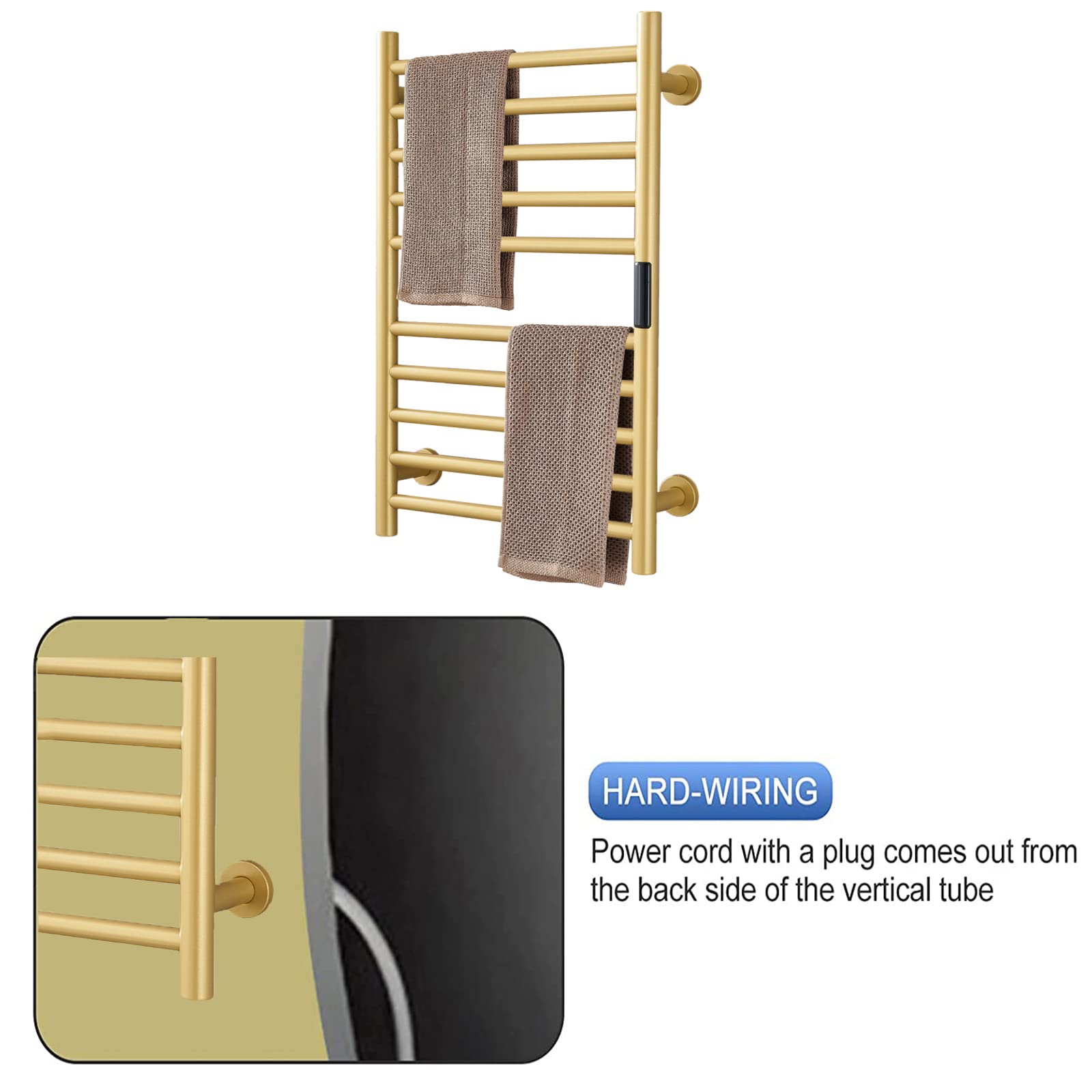 Premium 10-Bar Stainless Steel Electric Heated Towel Warmer with Built-in Timer & Temperature Control - Gold Bathroom Towel Rack for Spa-Like Luxury, Fast Drying & Warm Towels - Perfect for Bathrooms, Master Suites & Luxury Hotels (Hardwired Installation)