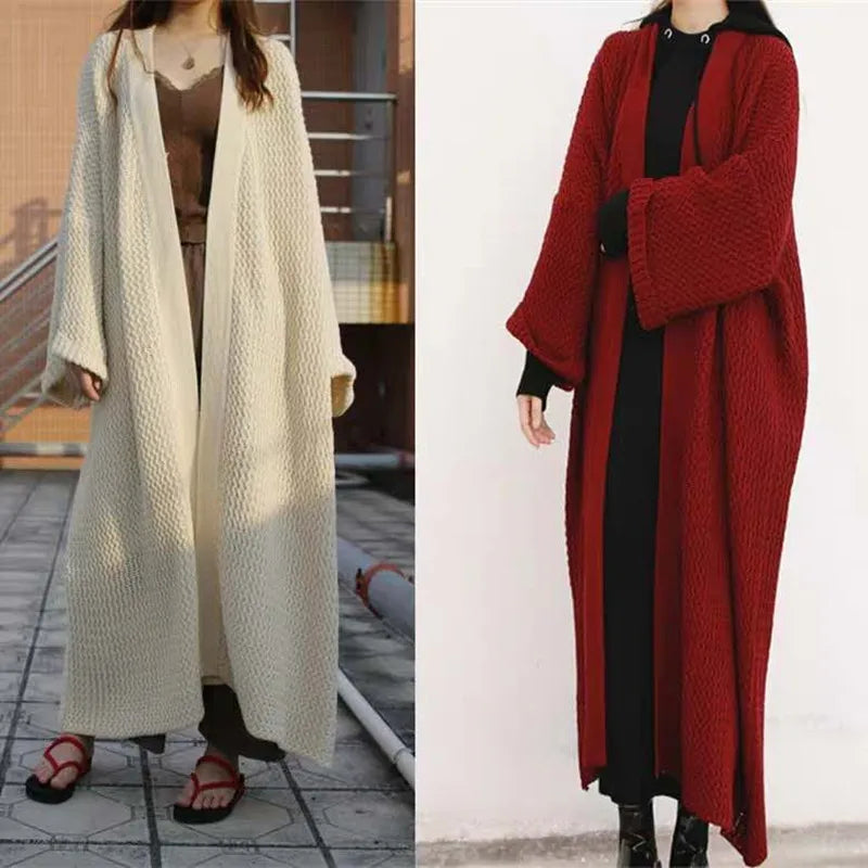 FIGOHR Women's Plus Size Long Knitted Cardigan - Thick Loose Plain Sweater for Autumn Winter | Cozy Streetwear Coat for Casual Outings & Office Wear