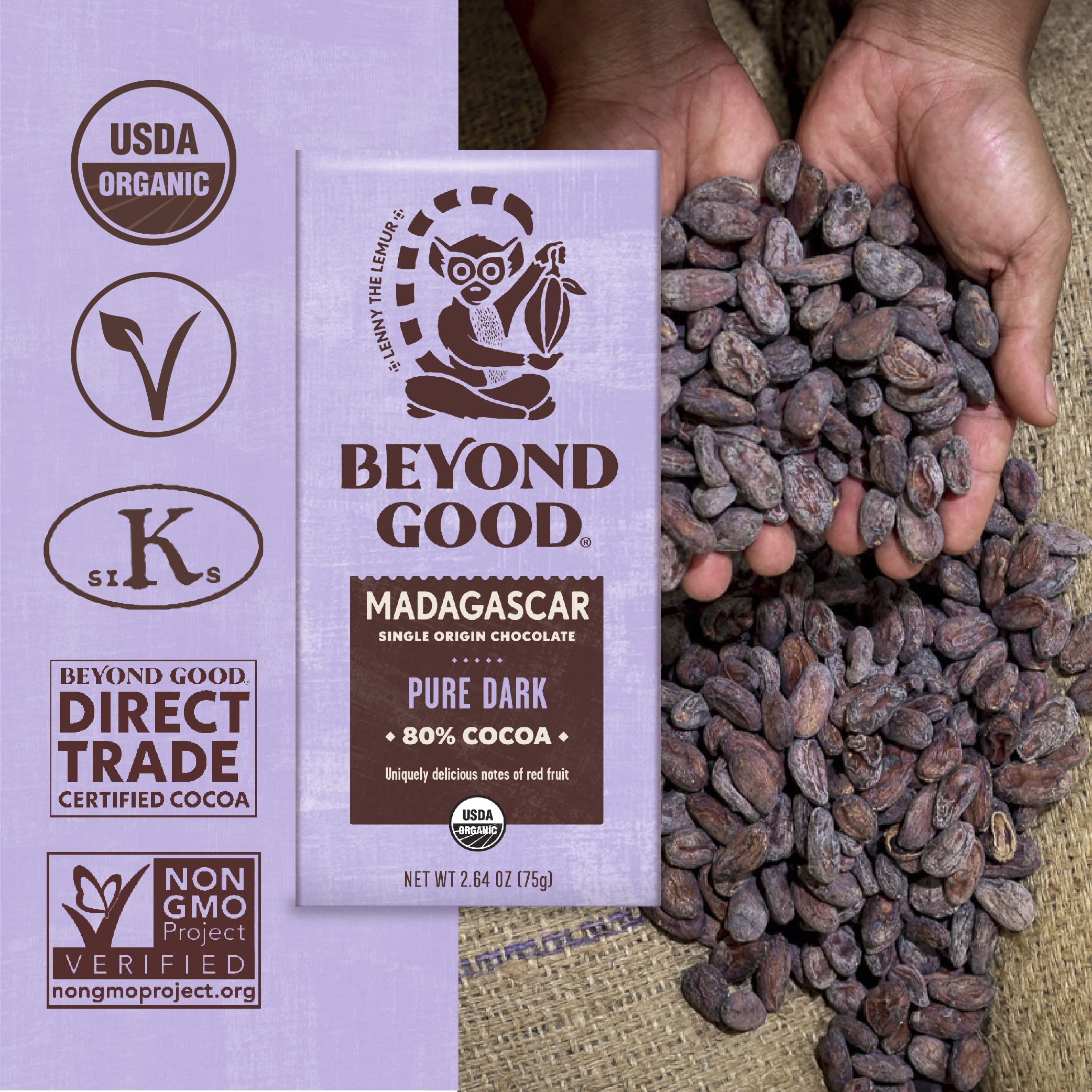 Beyond Good Organic Dark Chocolate Bars 6-Pack | 80% Single Origin Madagascar Heirloom Cacao | Vegan, Kosher, Non-GMO, Direct Trade | Perfect for Gifts, Baking & Healthy Snacking