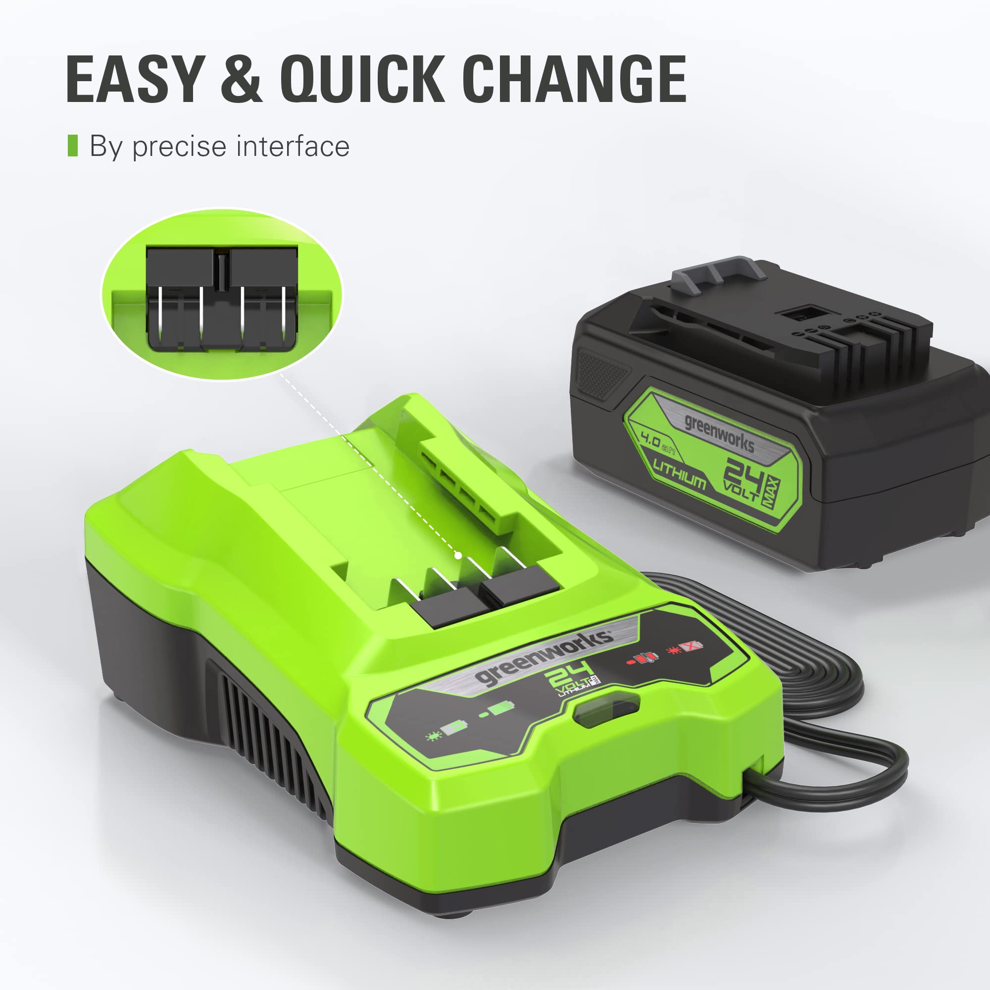 Greenworks 24V Battery Charger - Genuine OEM Replacement for Greenworks 24V Tools - Fast Charging for Lawn Mowers, String Trimmers & Power Tools - Perfect for Home Garden & Outdoor Equipment Maintenance