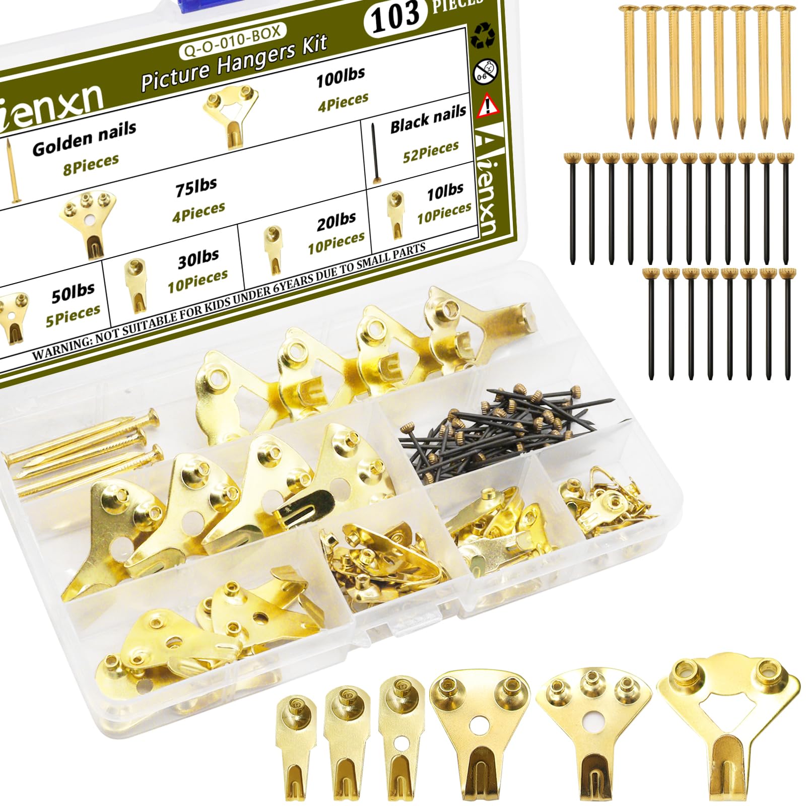 103PCS Heavy Duty Picture Hanging Kit - Holds 10-100lbs with Nails & Hooks - Professional Wall Mounting for Frames, Canvas, Clock - Perfect for Home, Office & Gallery Decor