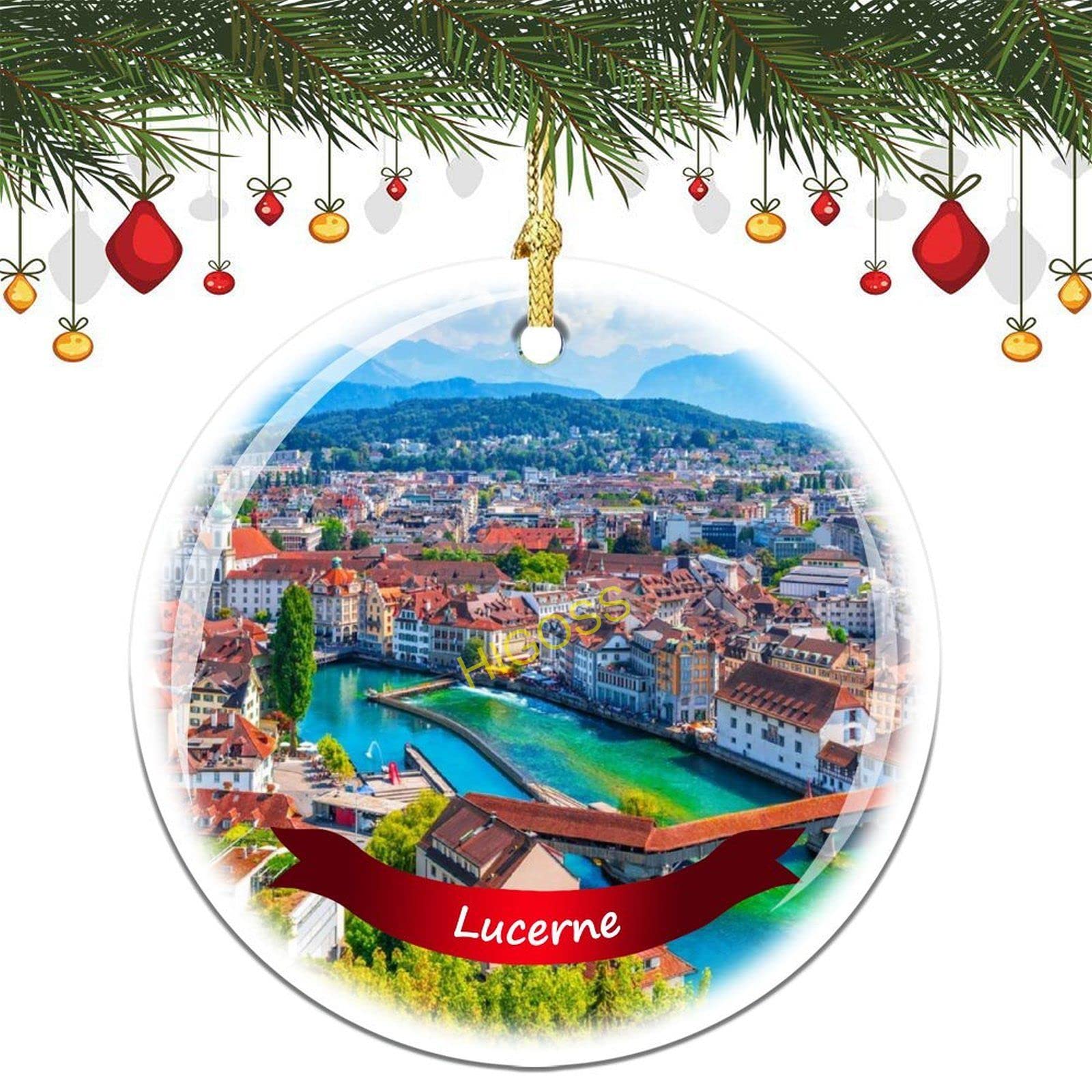 Lucerne Switzerland Christmas Tree Ornament - 3 Inch Double-Sided Porcelain Ceramic Holiday Decoration for Xmas Tree, Home, Office & Gift Giving