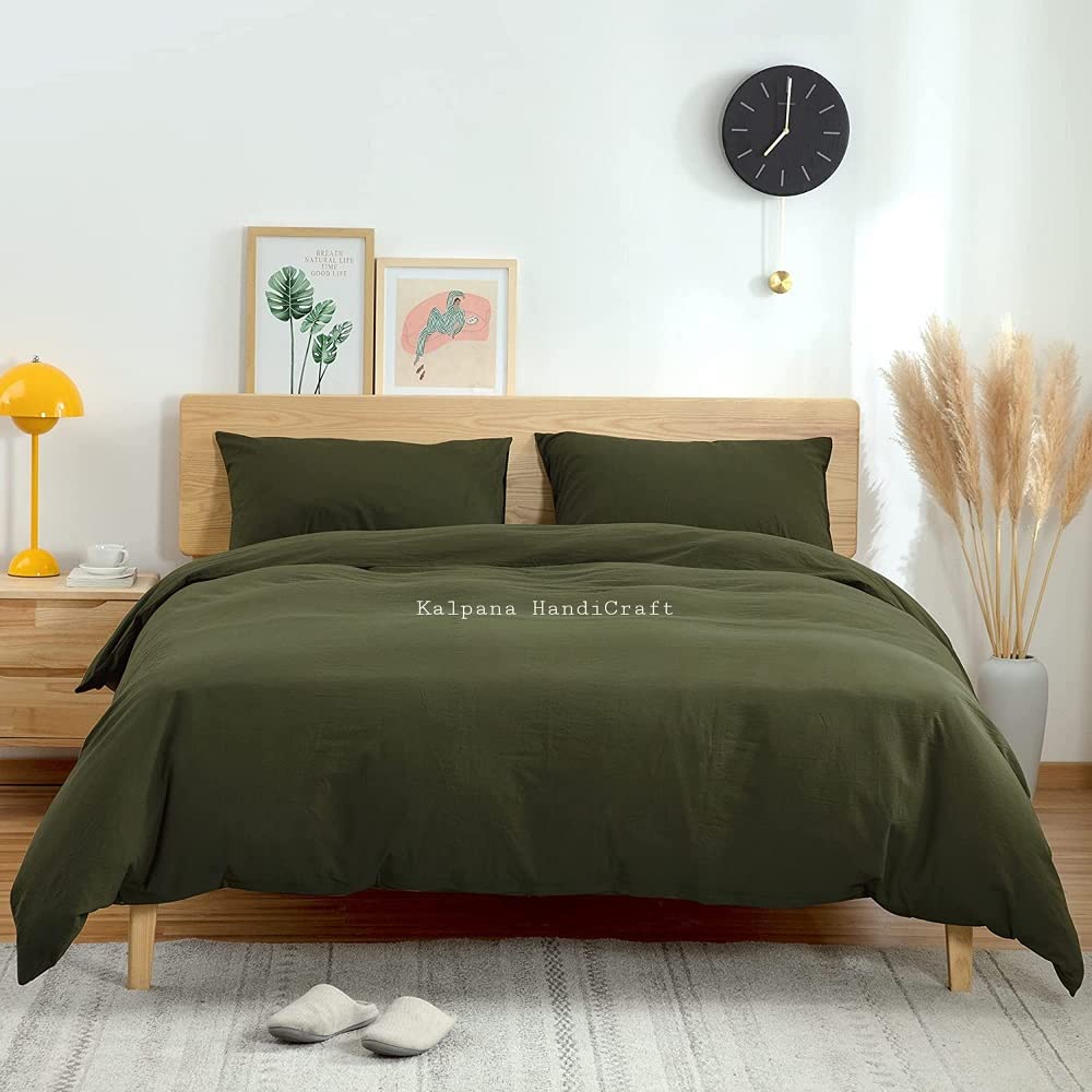 Olive Green Washed Cotton Duvet Cover Set - Queen, King, Full & Twin Size | Soft & Breathable Bedding for Cozy Sleep | Perfect for Modern, Farmhouse & Minimalist Bedrooms